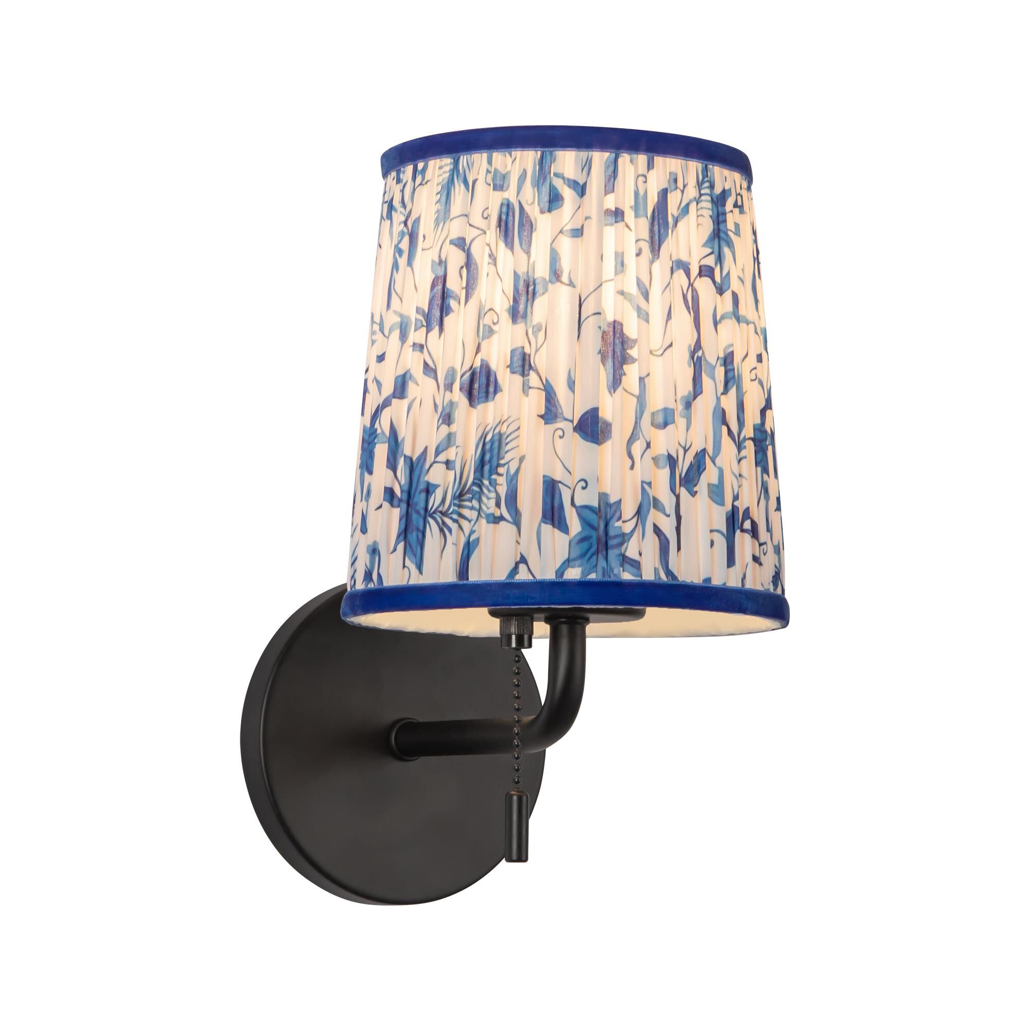 Shown in Matte Black finish and Blue Linen shade