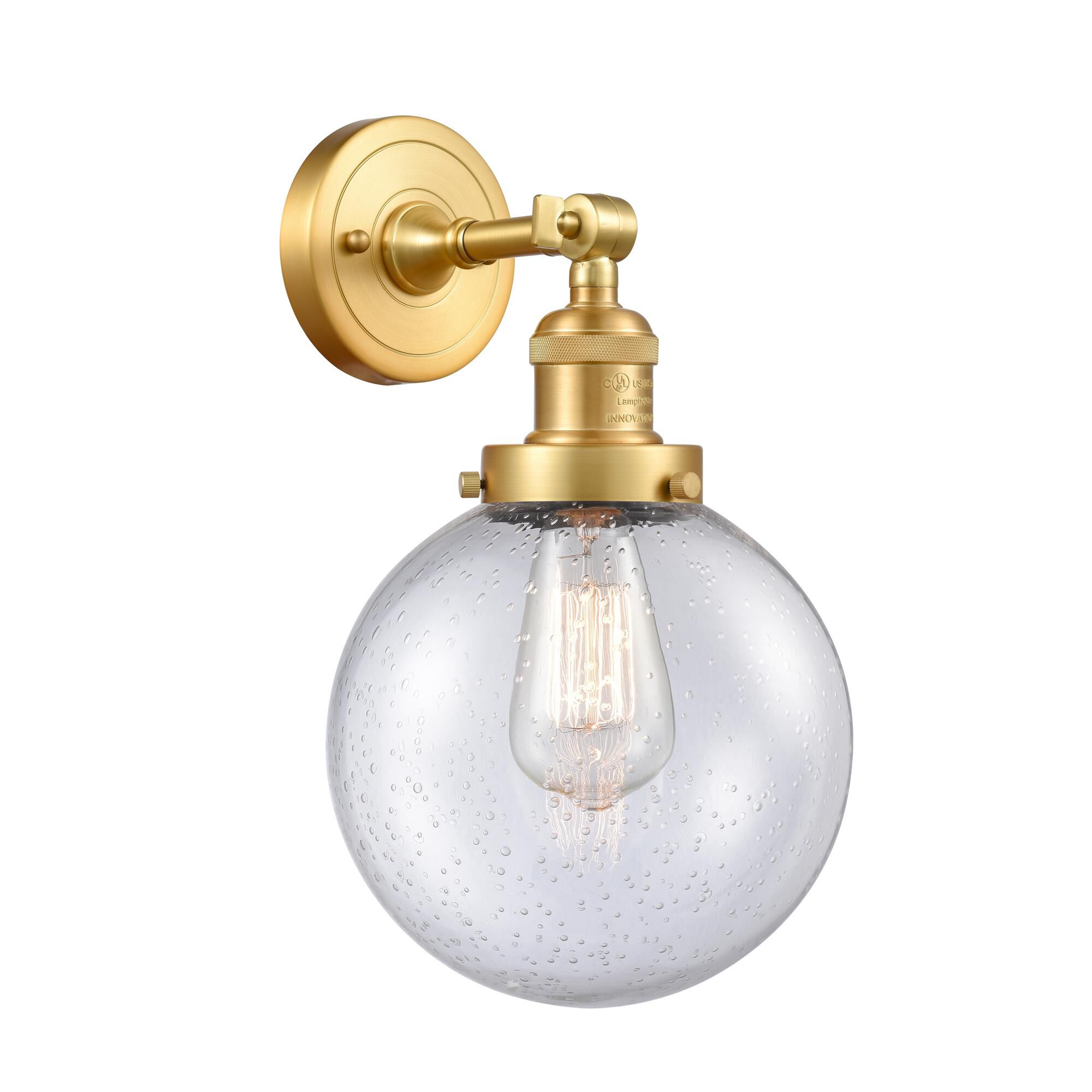 Shown in Satin Gold finish and Seedy Beacon glass