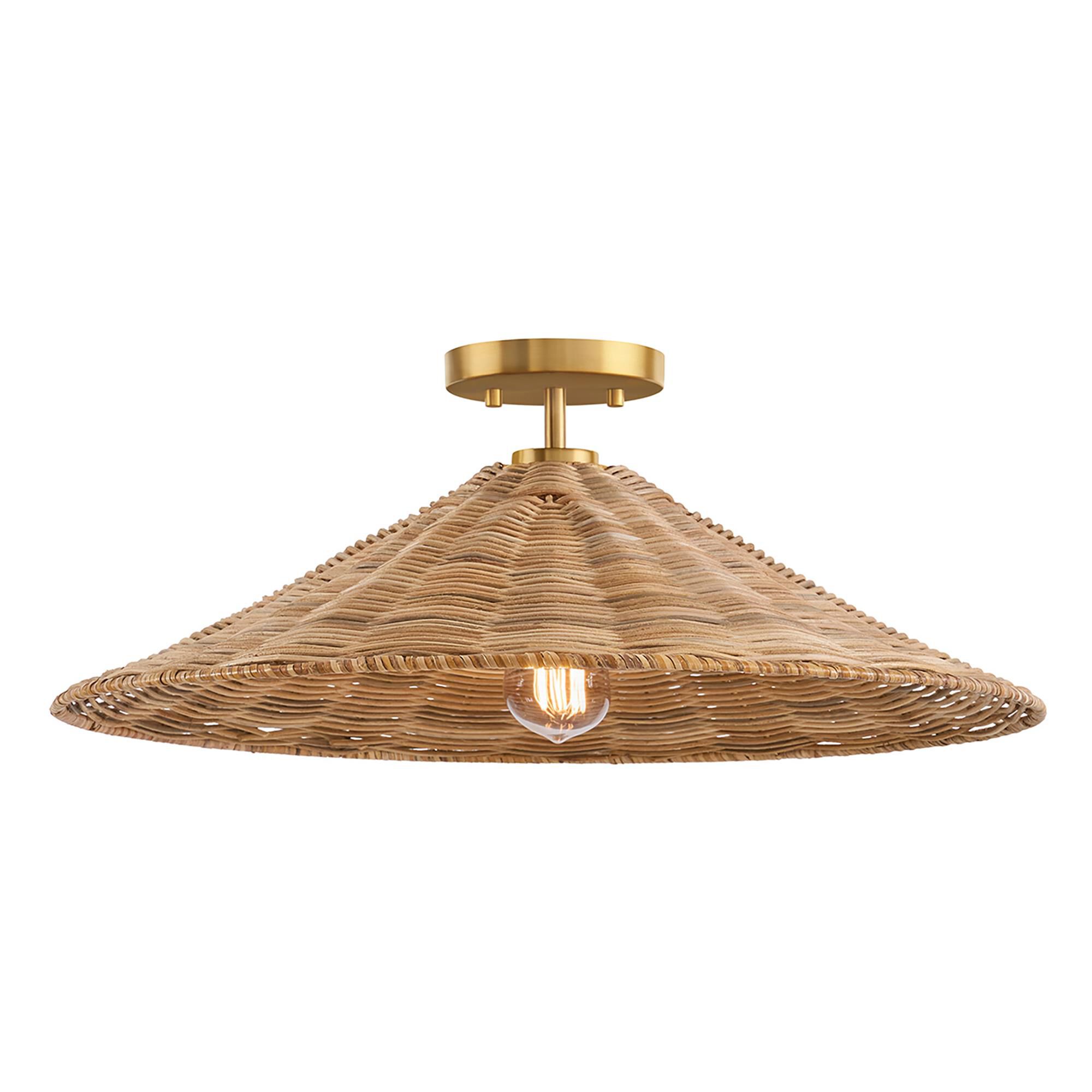 Shown in Natural Brass finish and Natural Rattan shade