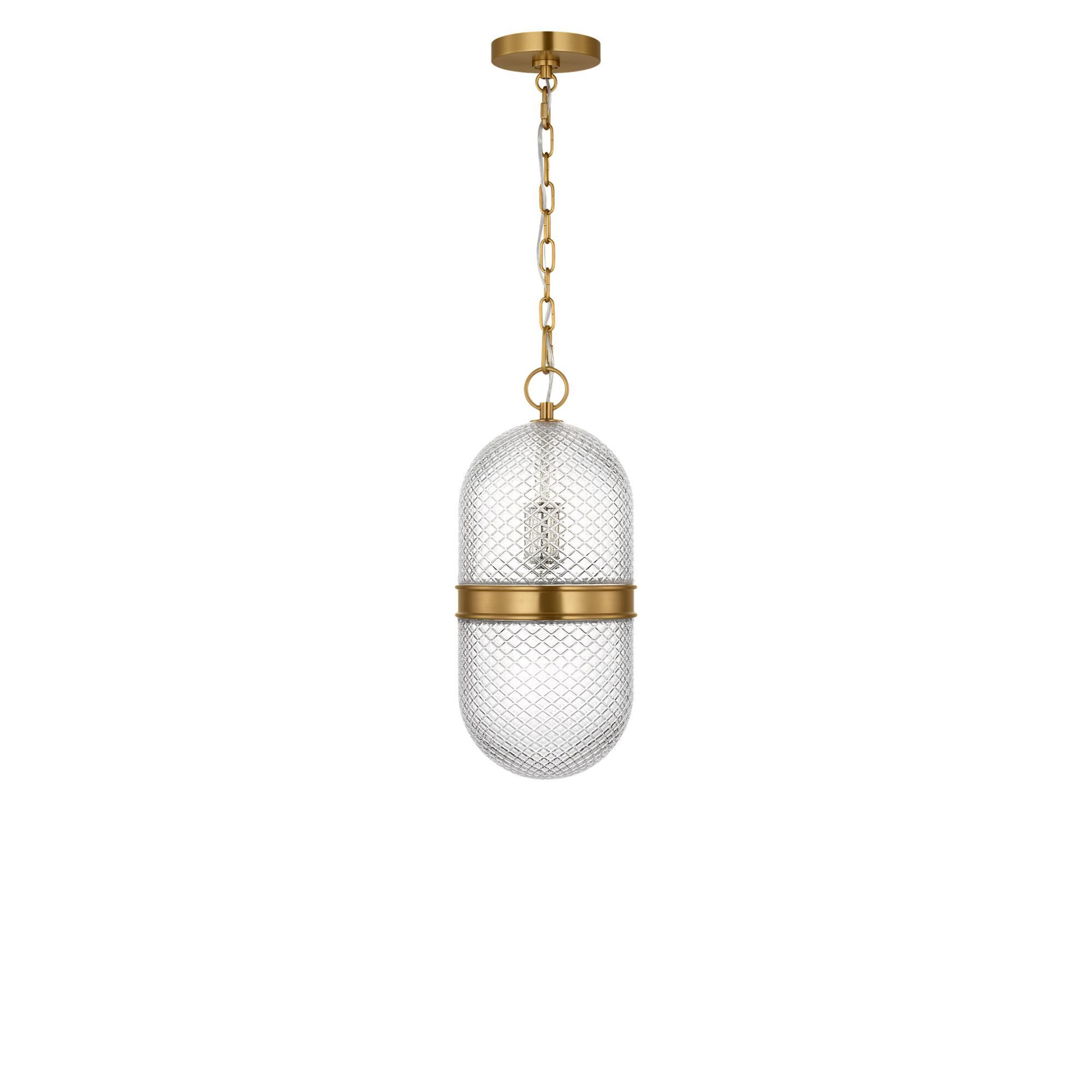 Shown in Burnished Brass finish and Textured Transparent Prismatic glass