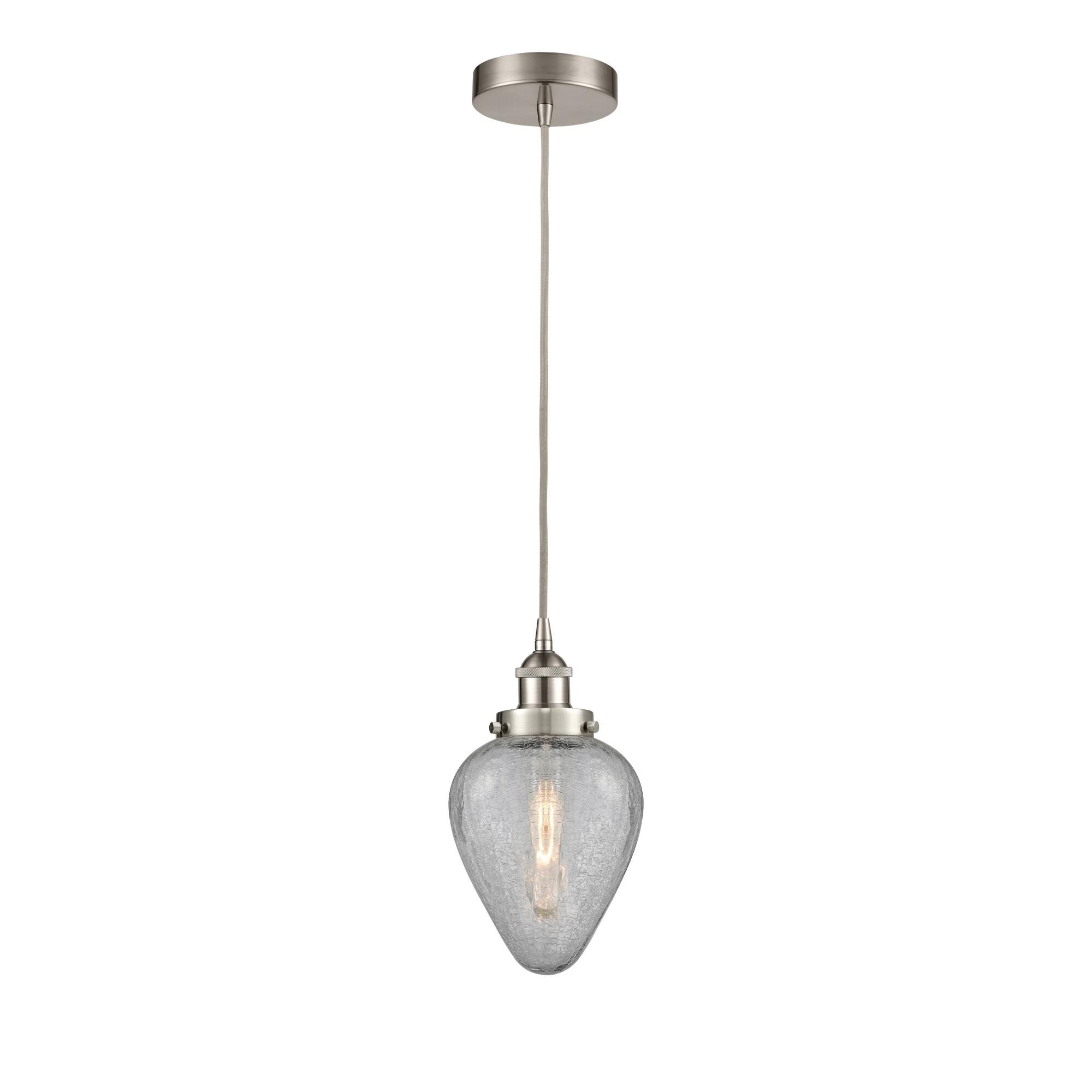 Shown in Satin Nickel finish and Clear Crackled glass