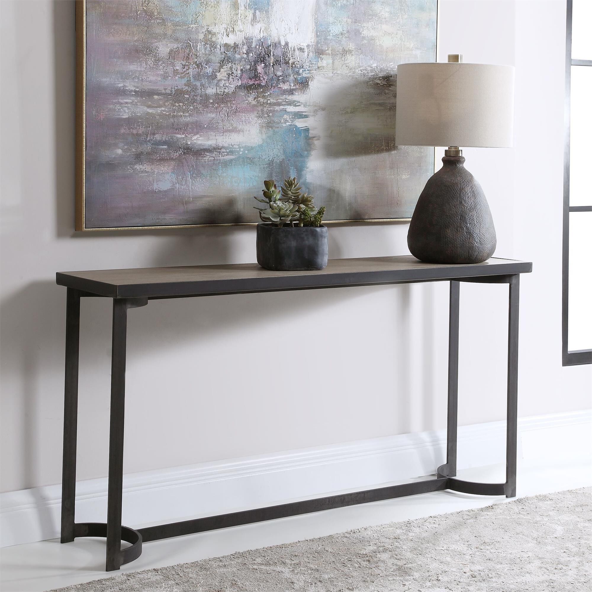 Shown in Evoking A Modern Lodge Style, This Clean Lined Console Showcases A Natural Oak Veneer Top Finished I finish