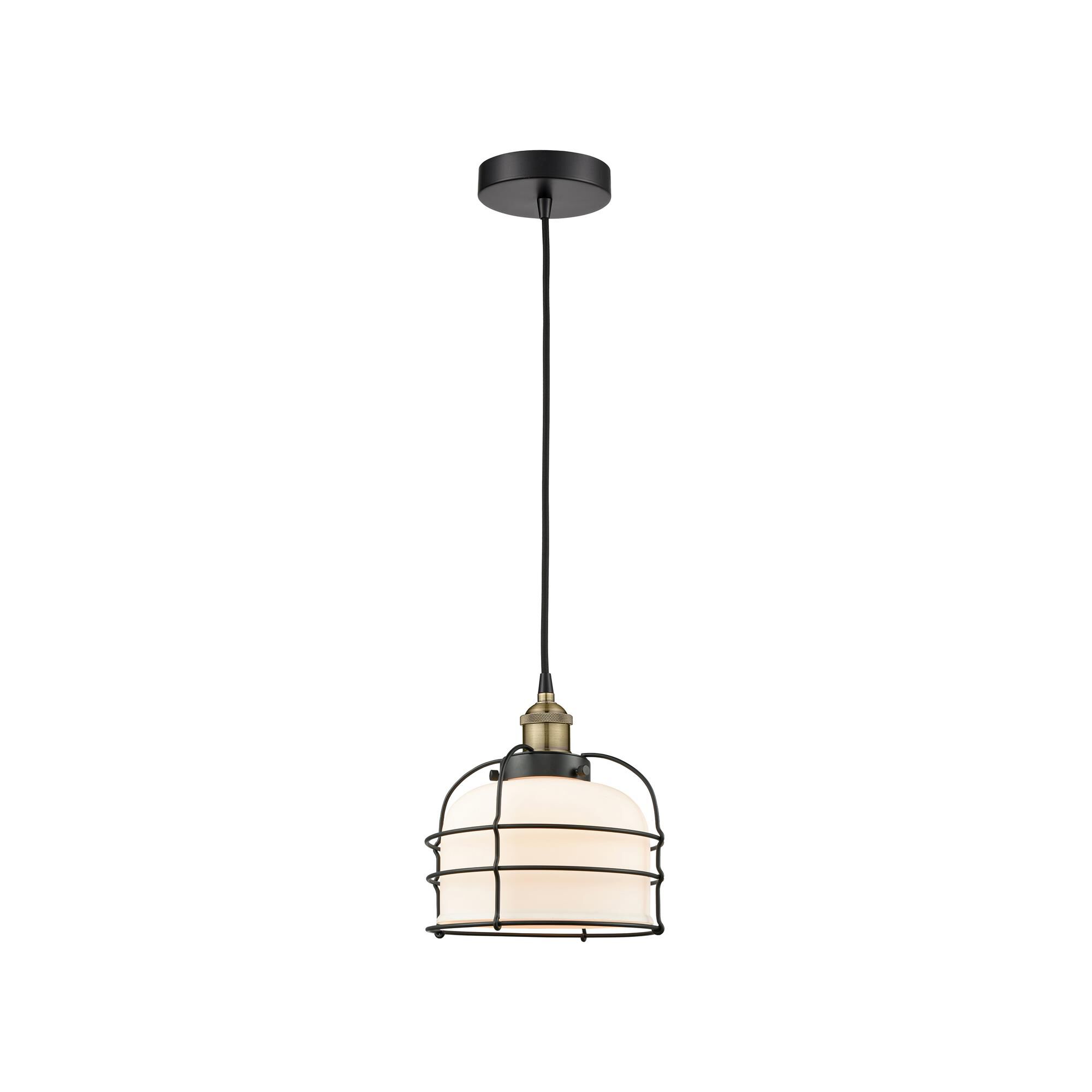 Shown in Black Antique Brass finish and Matte White glass