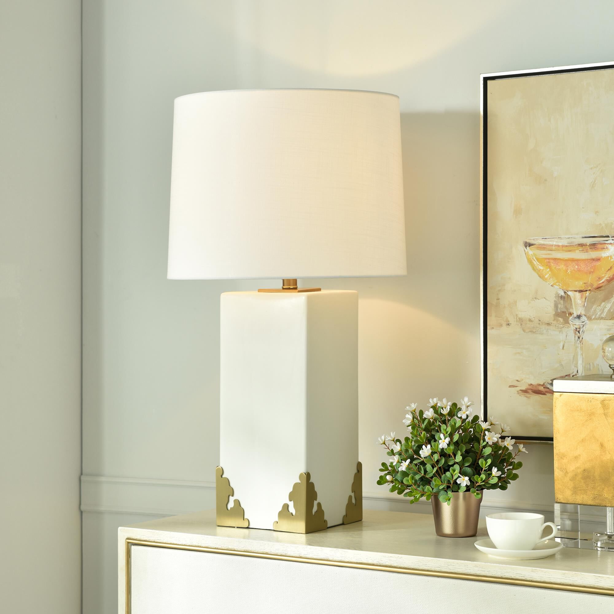 Shown in Polished Brass and White finish and Off-White shade