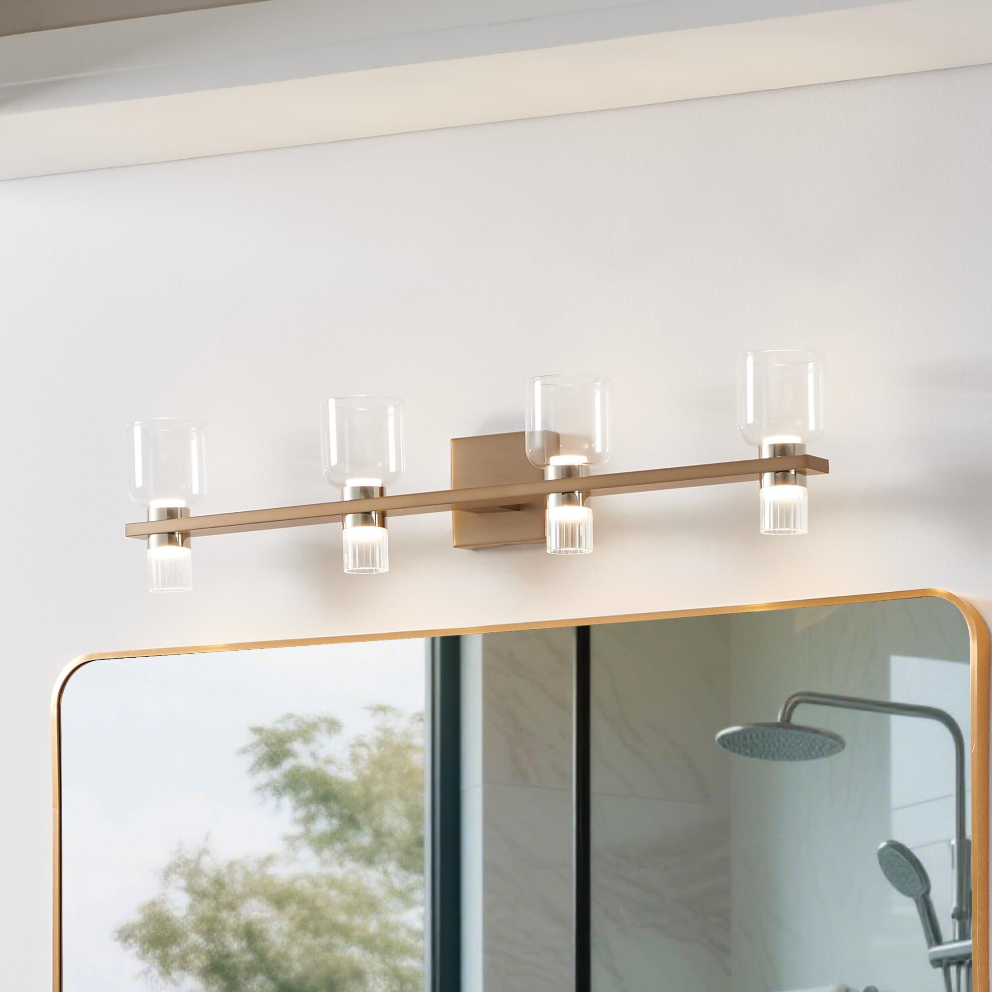 Shown in Champagne Gold finish and Clear, Clear Ribbed glass