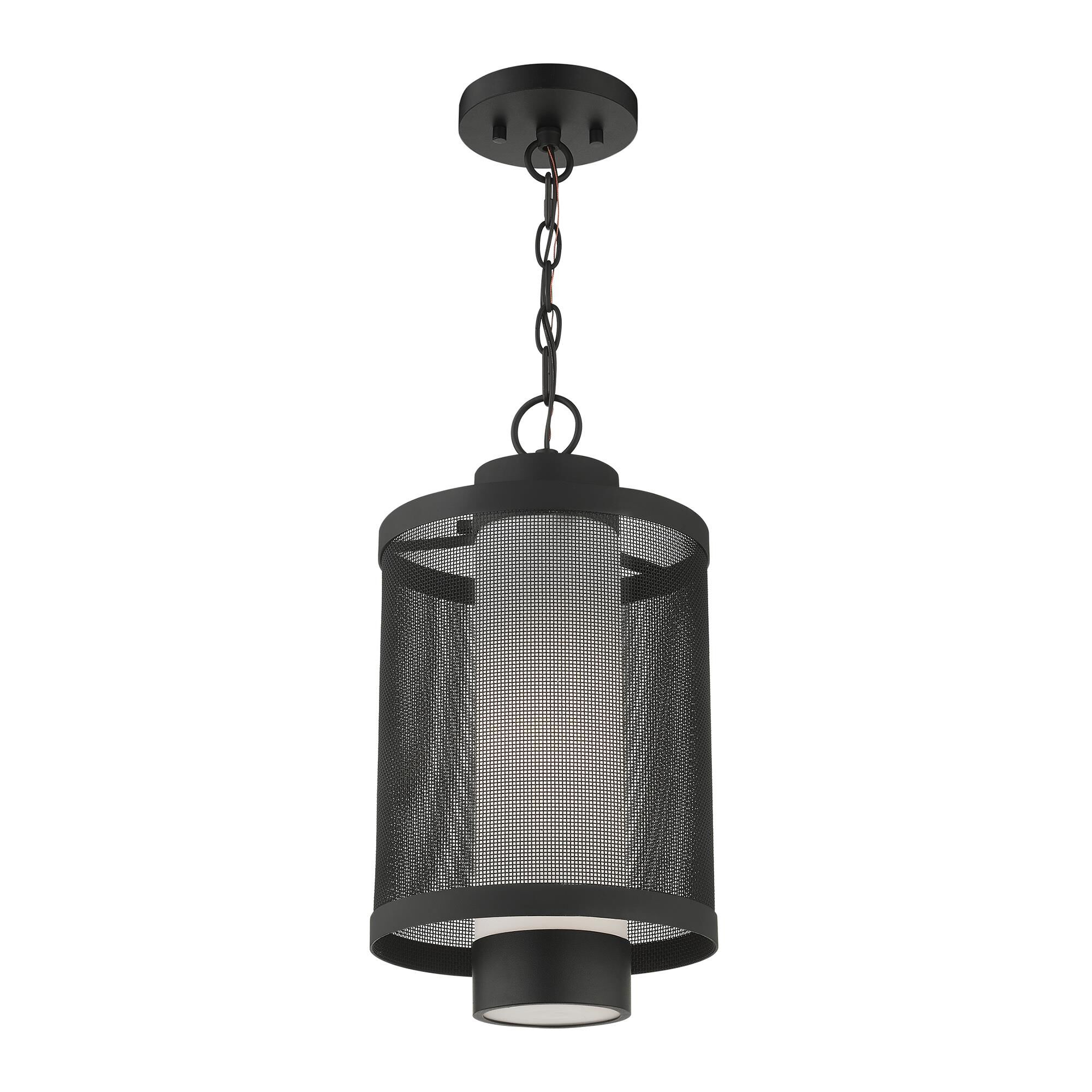 Shown in Textured Black finish and Textured Black Stainless Steel Mesh With Satin Opal White glass and Textured Black Stainless Steel Mesh With Satin Opal White Glass shade