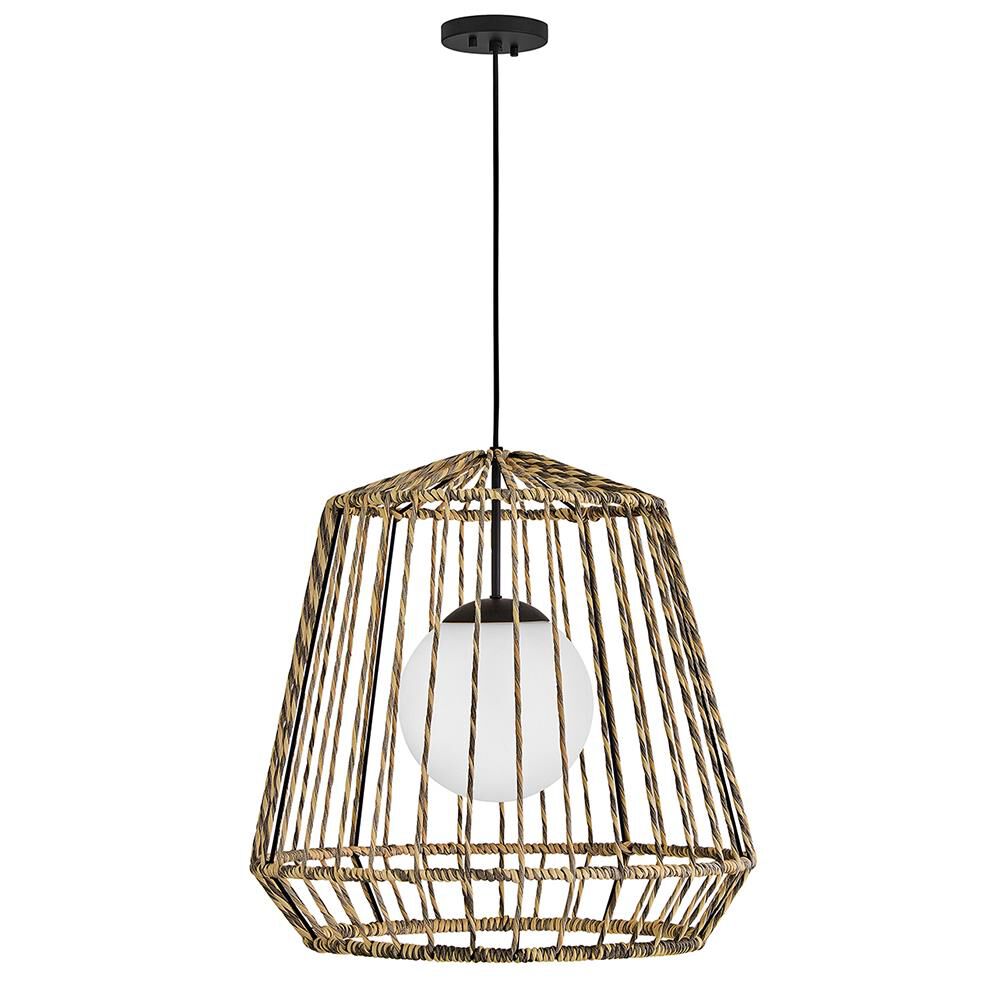 Shown in Black finish and Etched Opal glass and All Weather Rattan shade