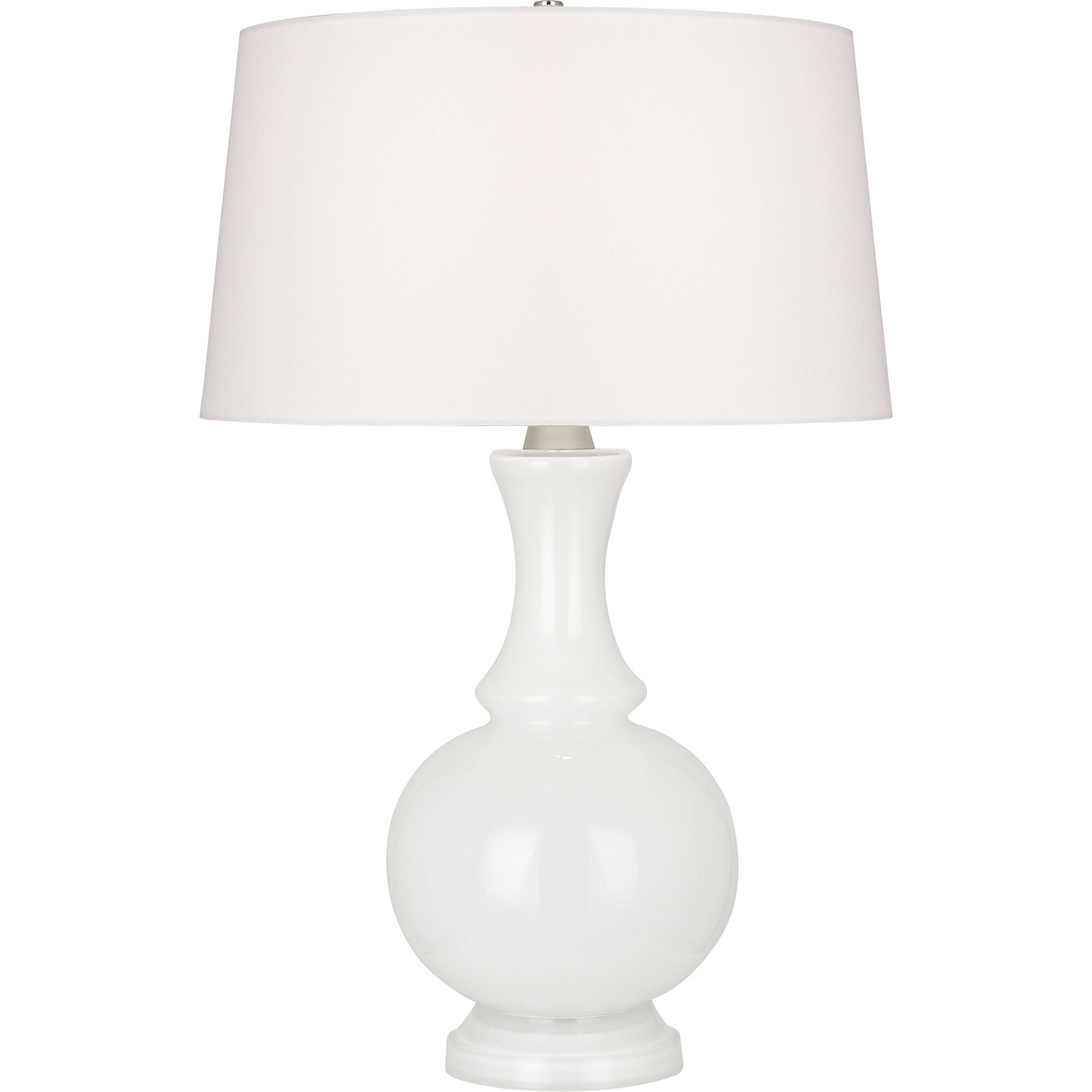 Shown in White Glass With Polished Nickel Accents finish and Off White Cotton With Rolled Edge Hem shade