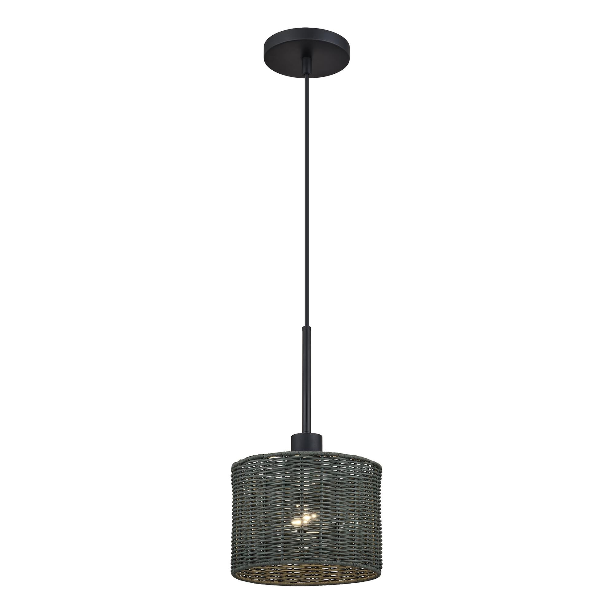 Shown in Black finish and Hand-Woven Charred Gray Color Rattan shade