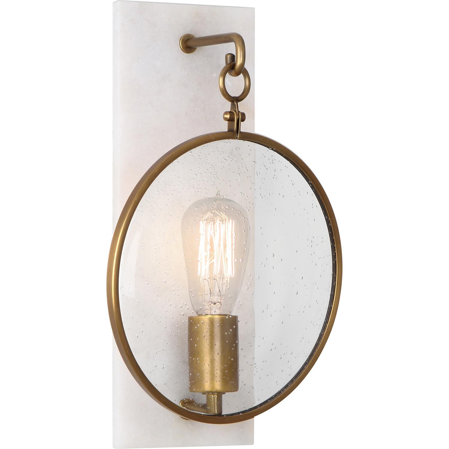 Shown in Aged Brass  With Alabaster Stone Accents finish and Seeded Clear glass and Clear Seeded Glass Lens shade