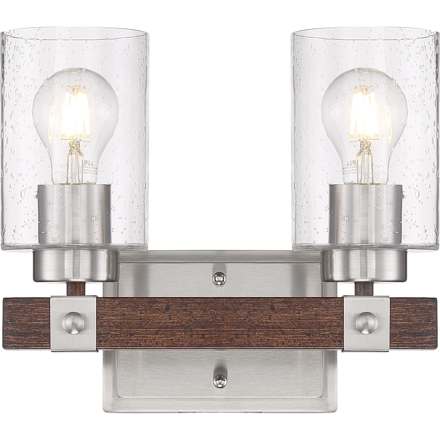 Shown in Brushed Nickel - Nutmeg Wood finish and Clear Seeded glass