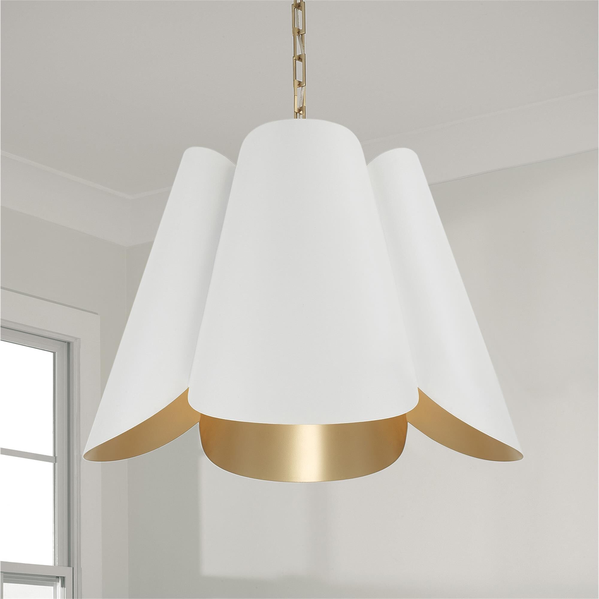 Shown in Matte Brass And White finish and White Metal  With Painted Matte Brass Interior shade