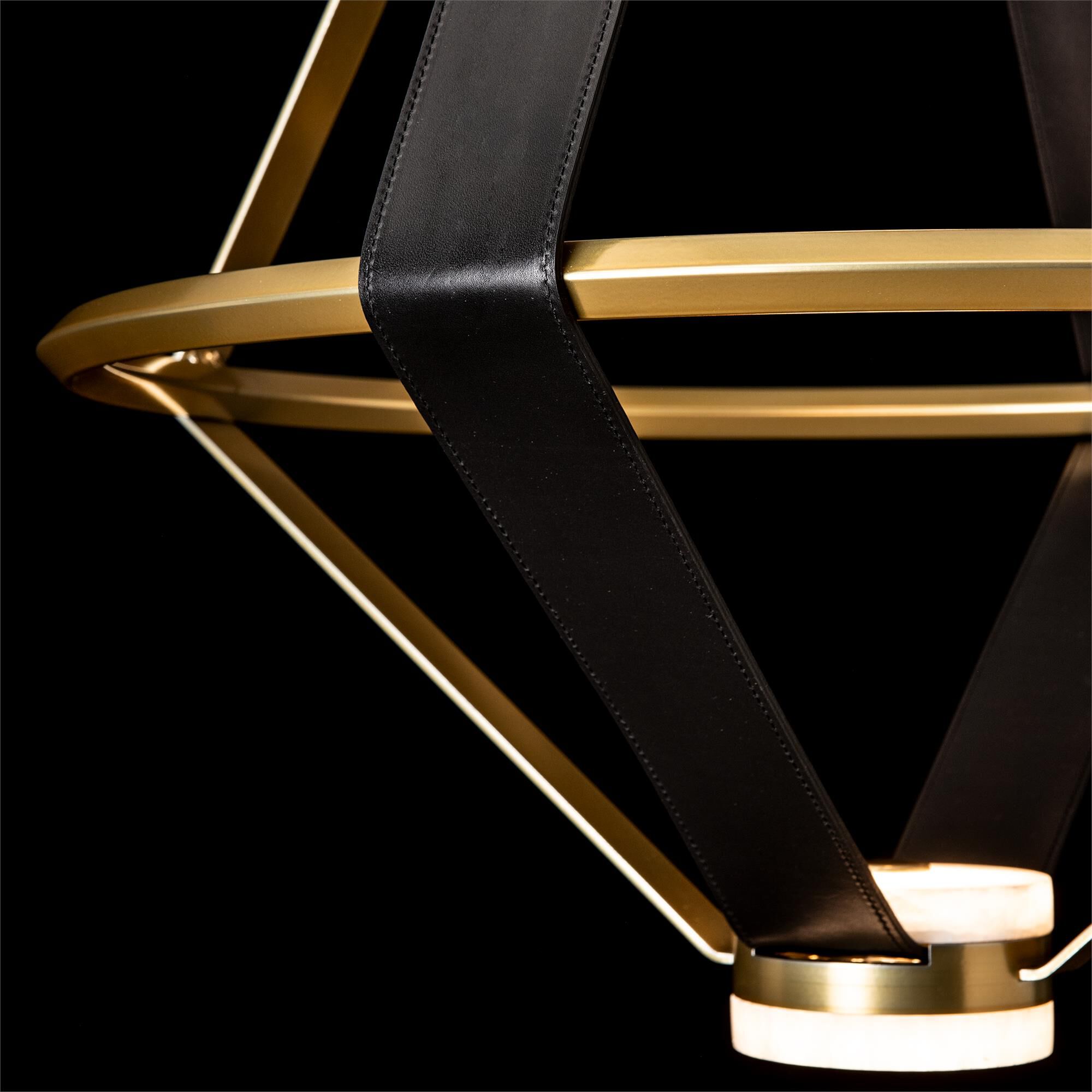 Shown in Modern Brass finish and Black Leather accent