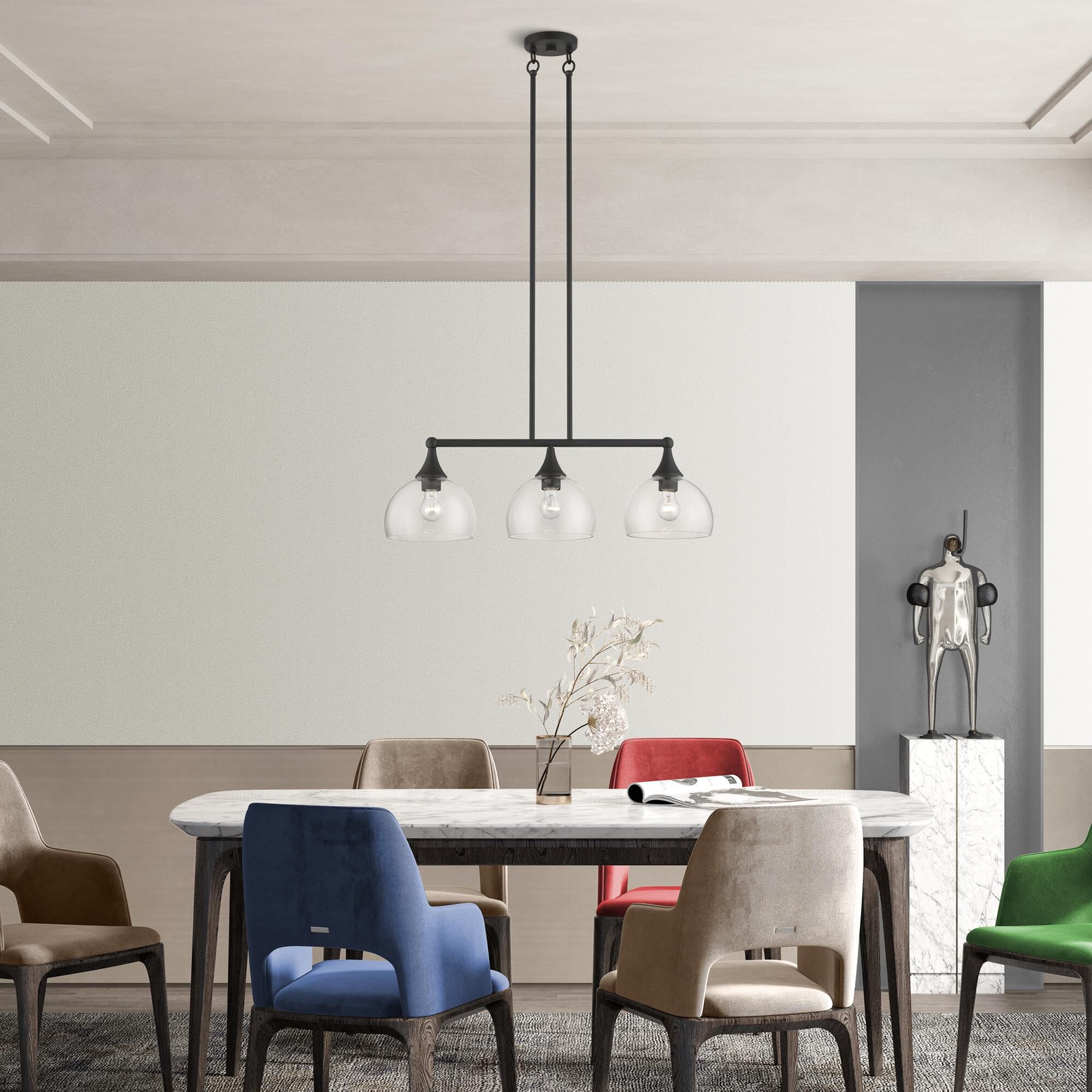 Shown in Black finish and Clear Hand Blown glass