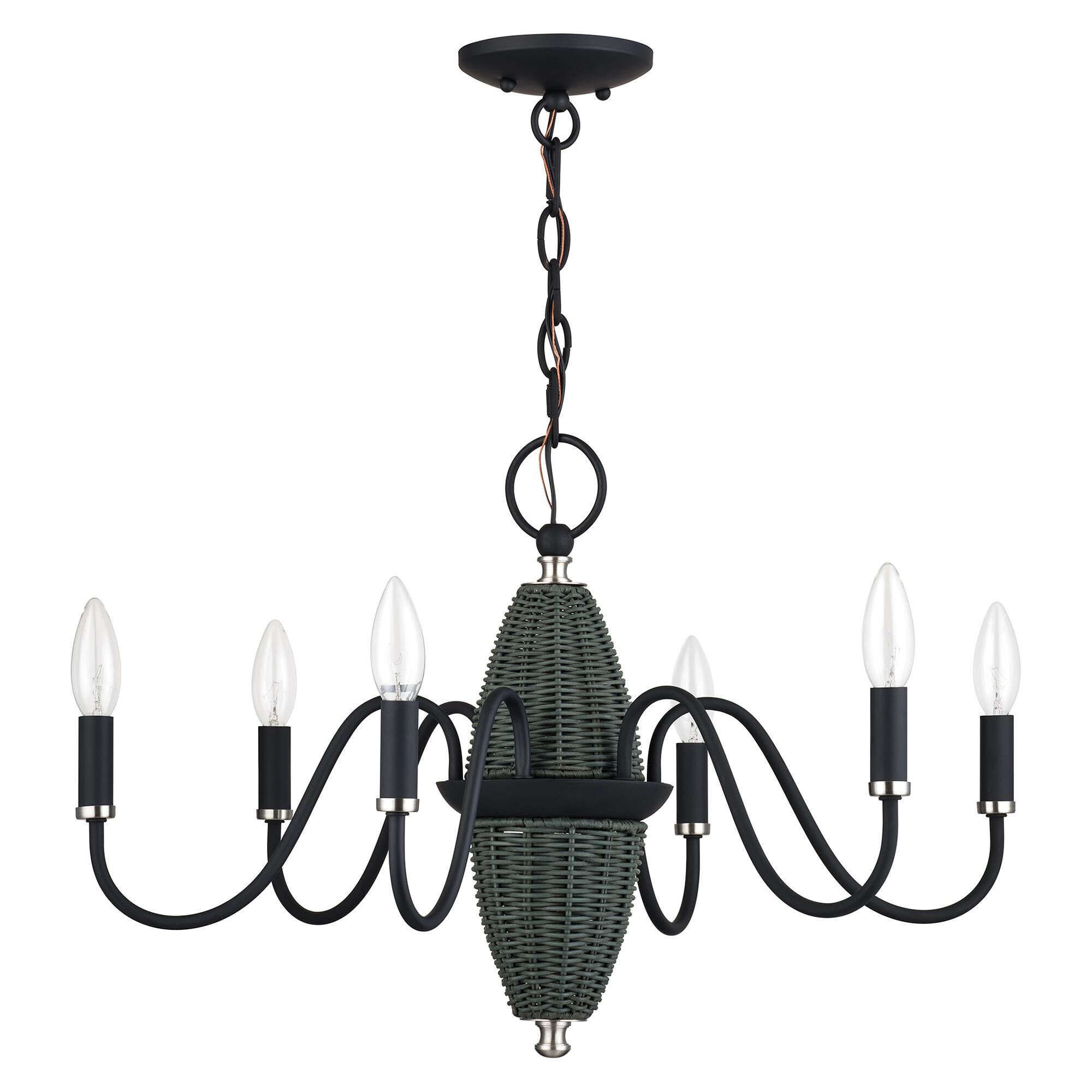 Shown in Black with Brushed Nickel Accents finish and Hand-Woven Charred Gray Color Rattan Column shade