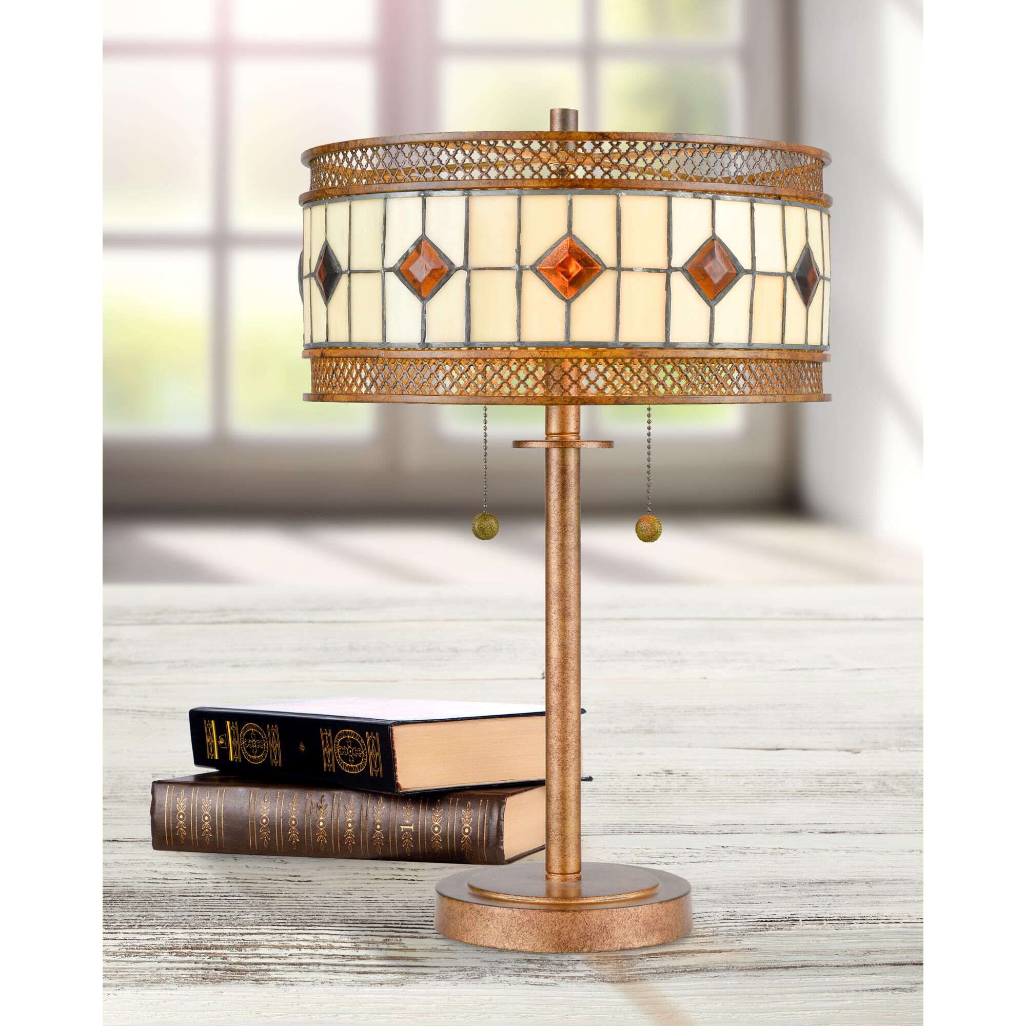 Shown in Rustic Bronze finish and Hand Rolled Art Glass (Tiffany) And Metal shade