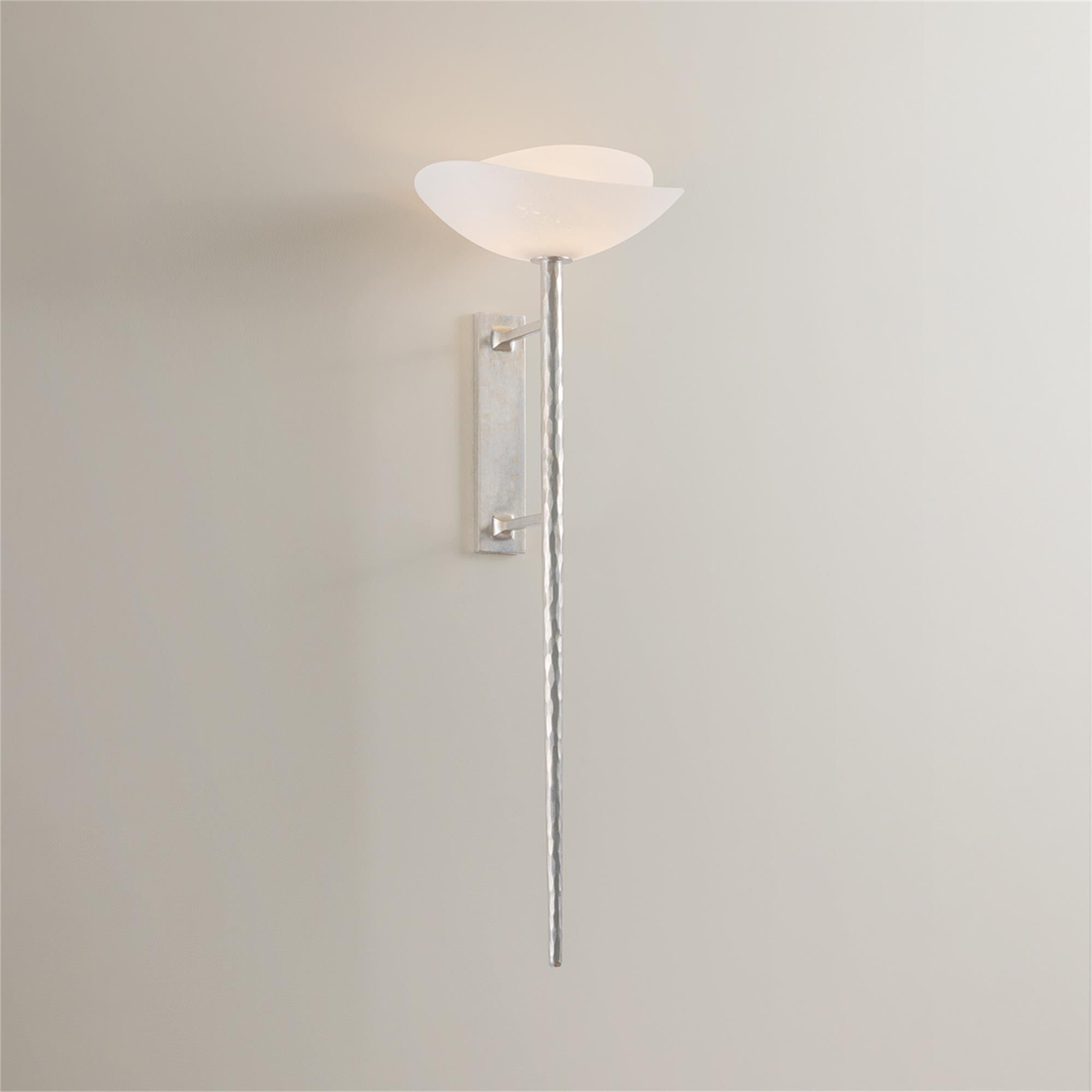 Shown in Warm Silver Leaf finish and Matte Cloud Seeded glass