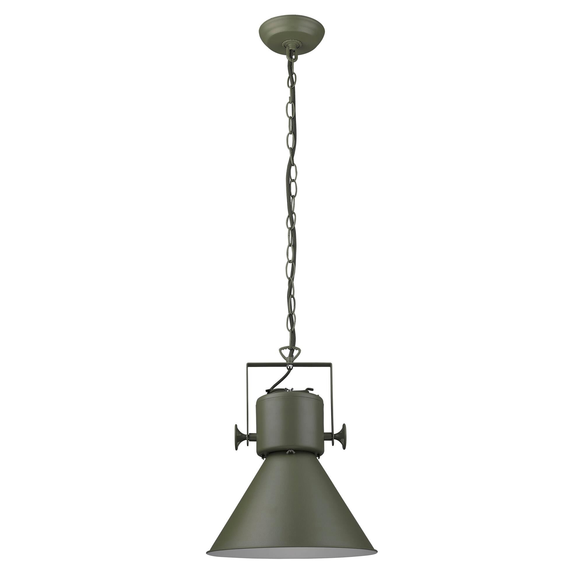 Shown in Green finish and Green glass and Green Metal Cone Shaped  W/ White Interior shade