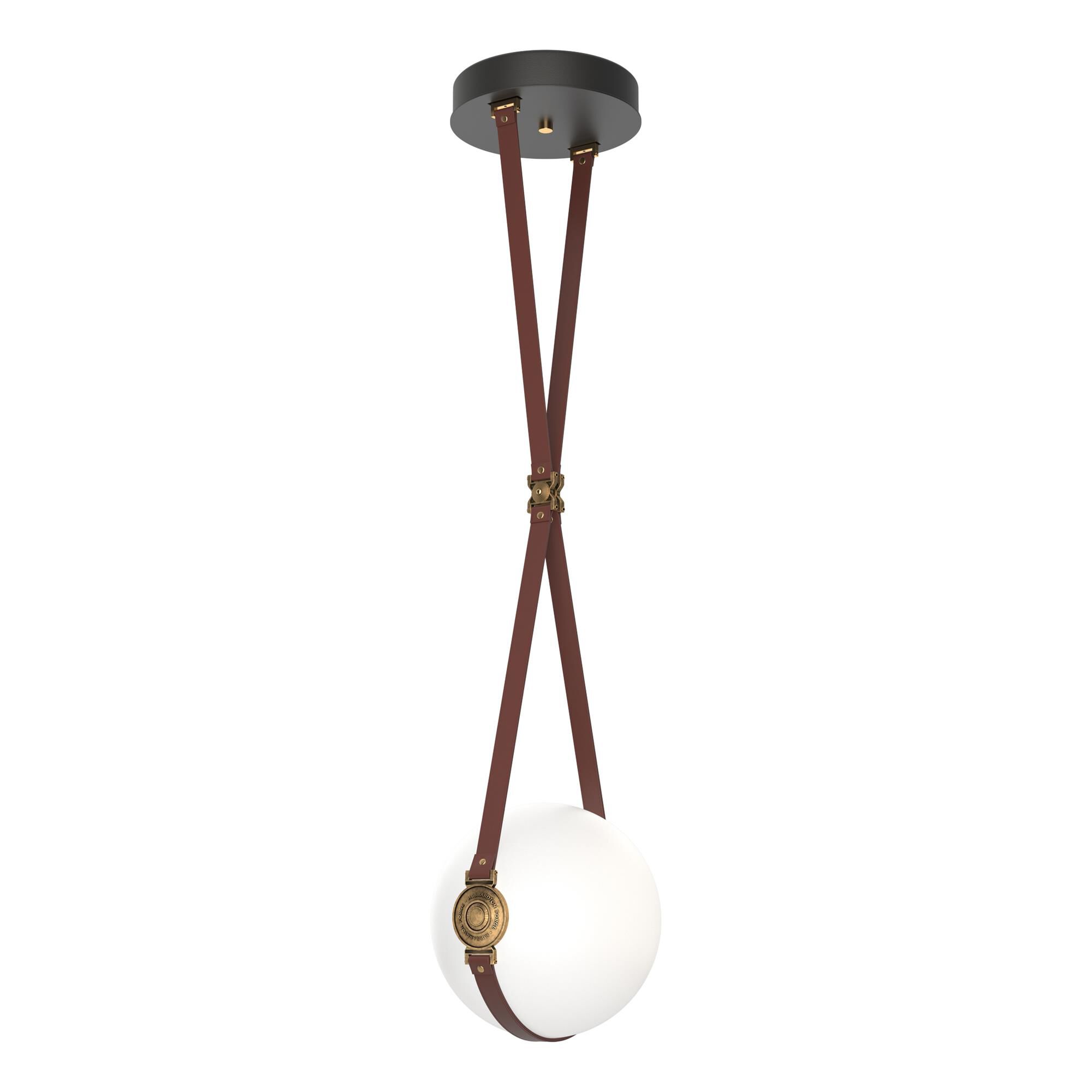 Shown in Brass with Black finish and Opal glass and Leather British Brown accent