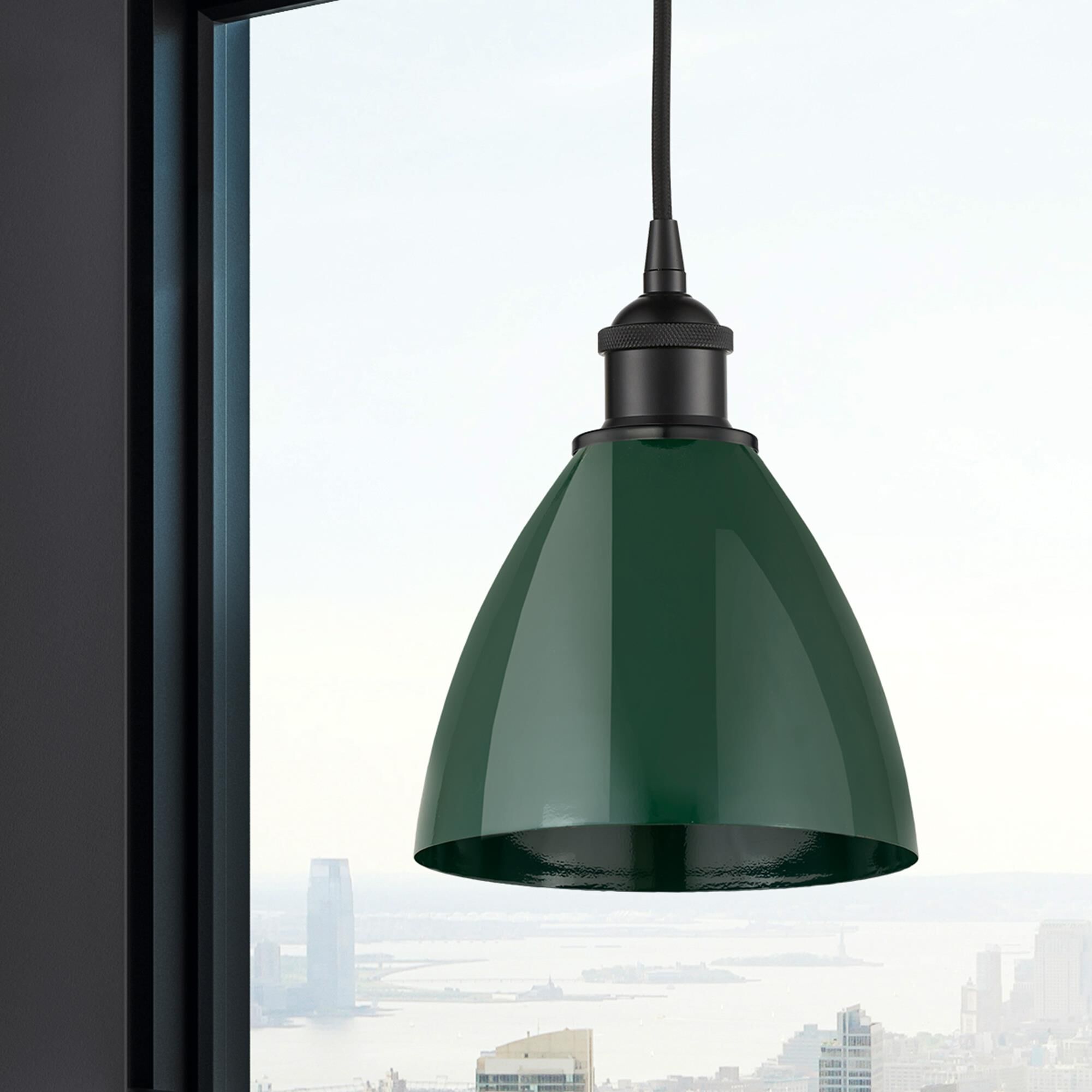 Shown in Matte Black finish and Green Plymouth Dome shade