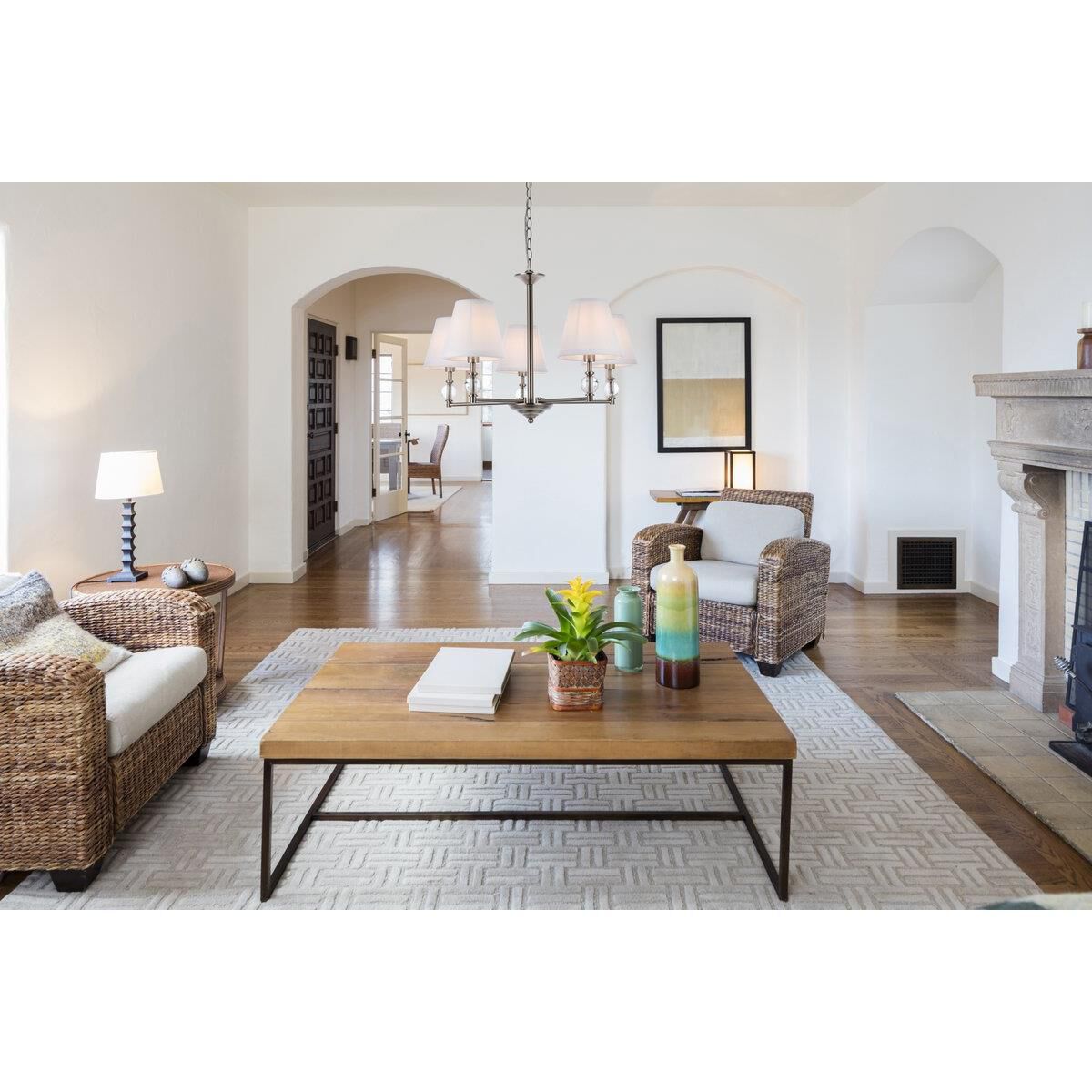 Shown in Satin Nickel finish and Royal Cut Clear crystal and White Fabric shade