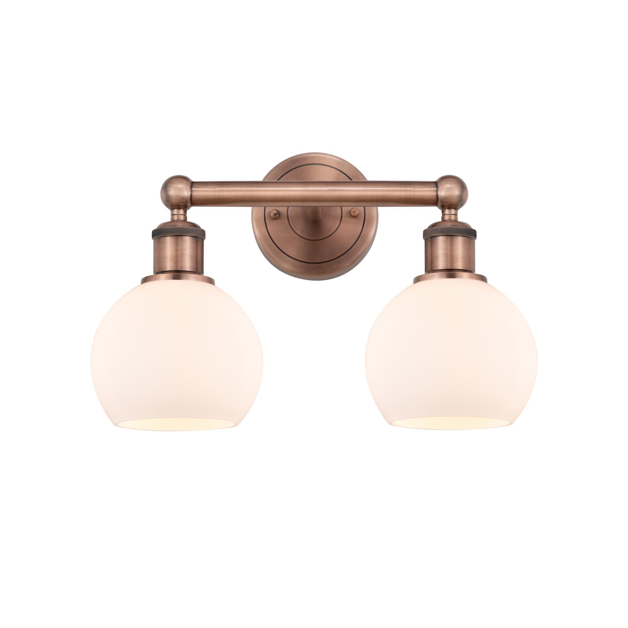Shown in Antique Copper finish and Matte White glass