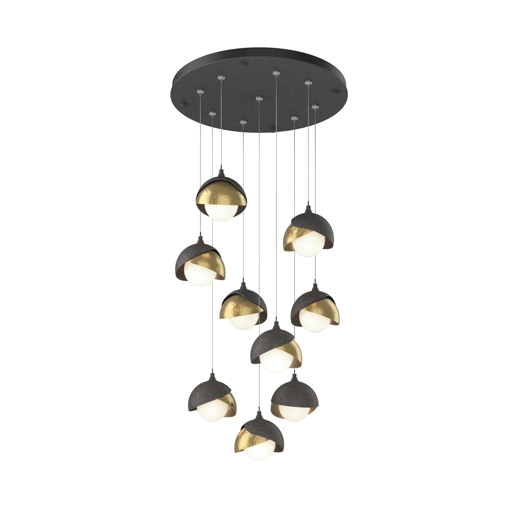Shown in Natural Iron finish and Opal (Gg) glass and Modern Brass (86) accent