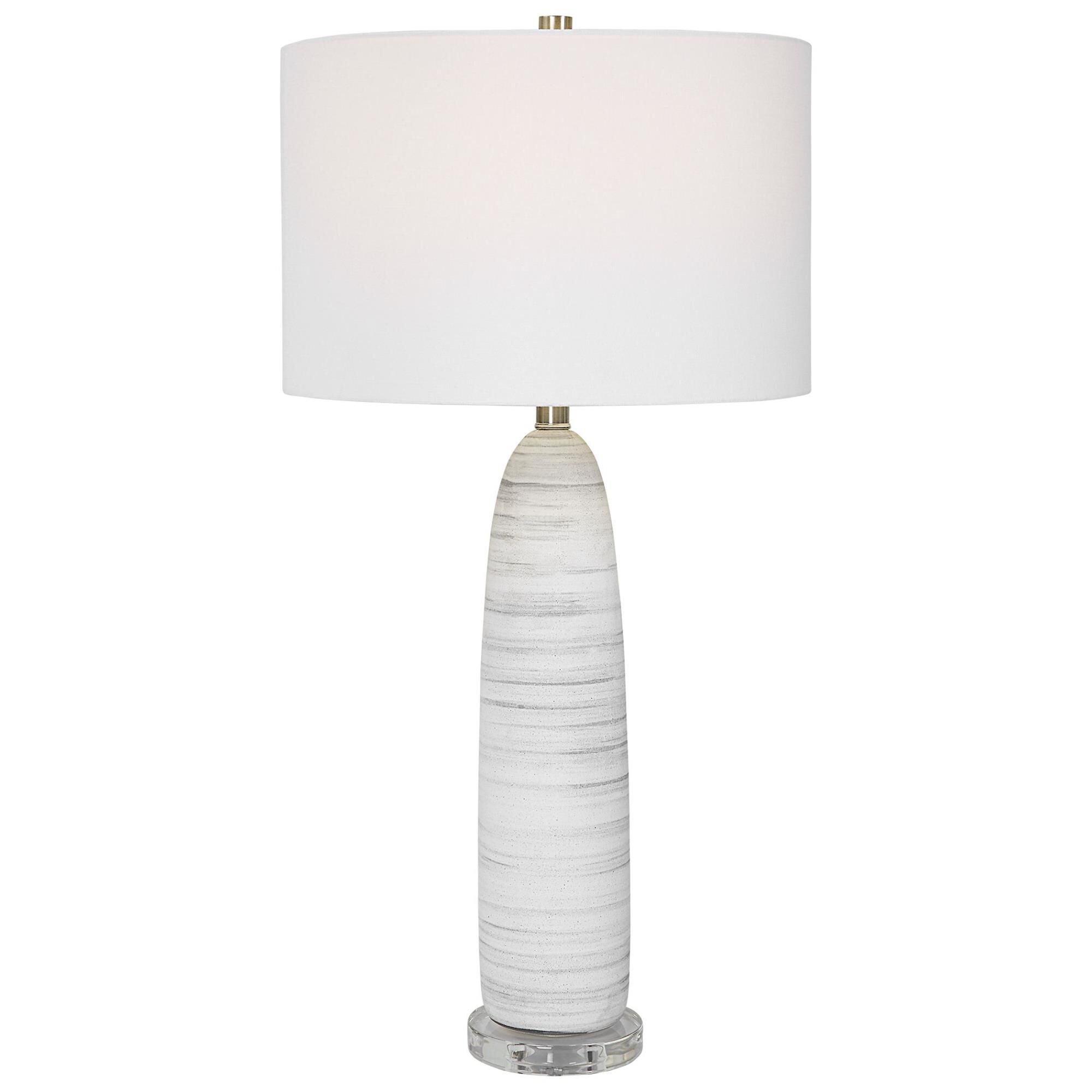 Shown in This Sleek Ceramic Table Lamp Features A Matte White Glaze With Brushed Light Gray Detailing, Paired finish and Round Drum Hardback shade