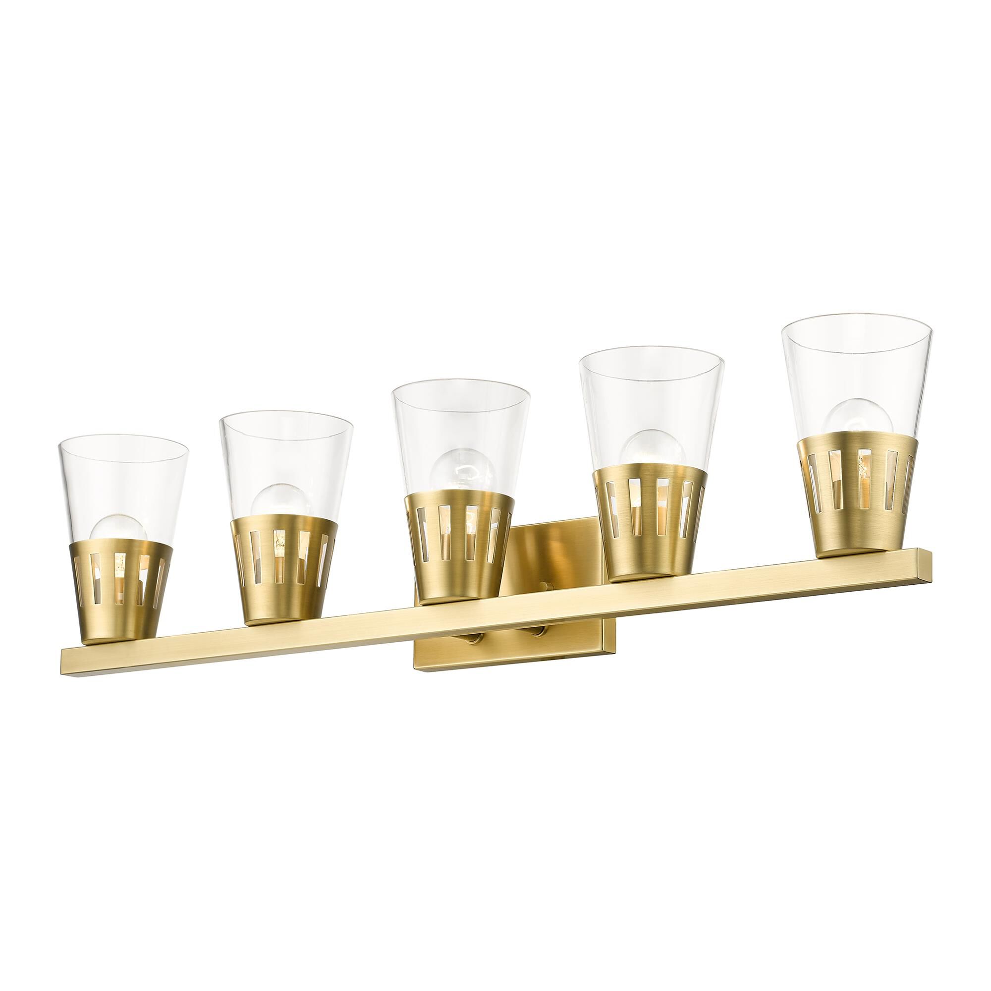Shown in Natural Brass finish and Hand Blown Clear glass