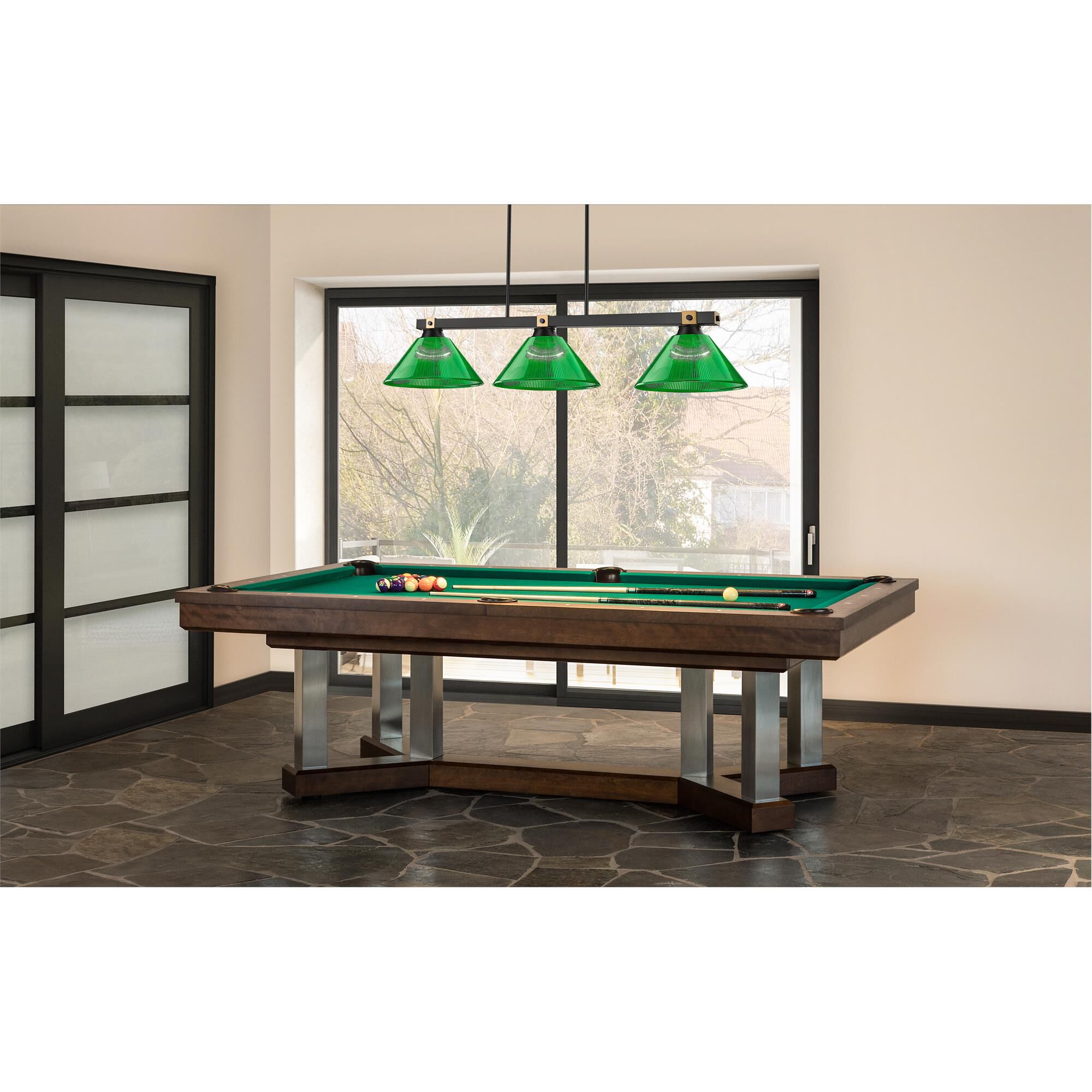 Shown in Matte Black + Rubbed Brass finish and Green glass and Green shade