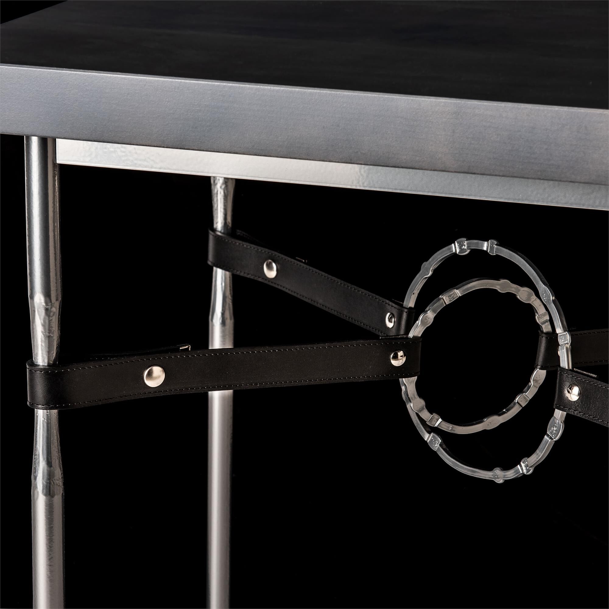 Shown in Sterling finish and Black Leather with Maple Grey accent
