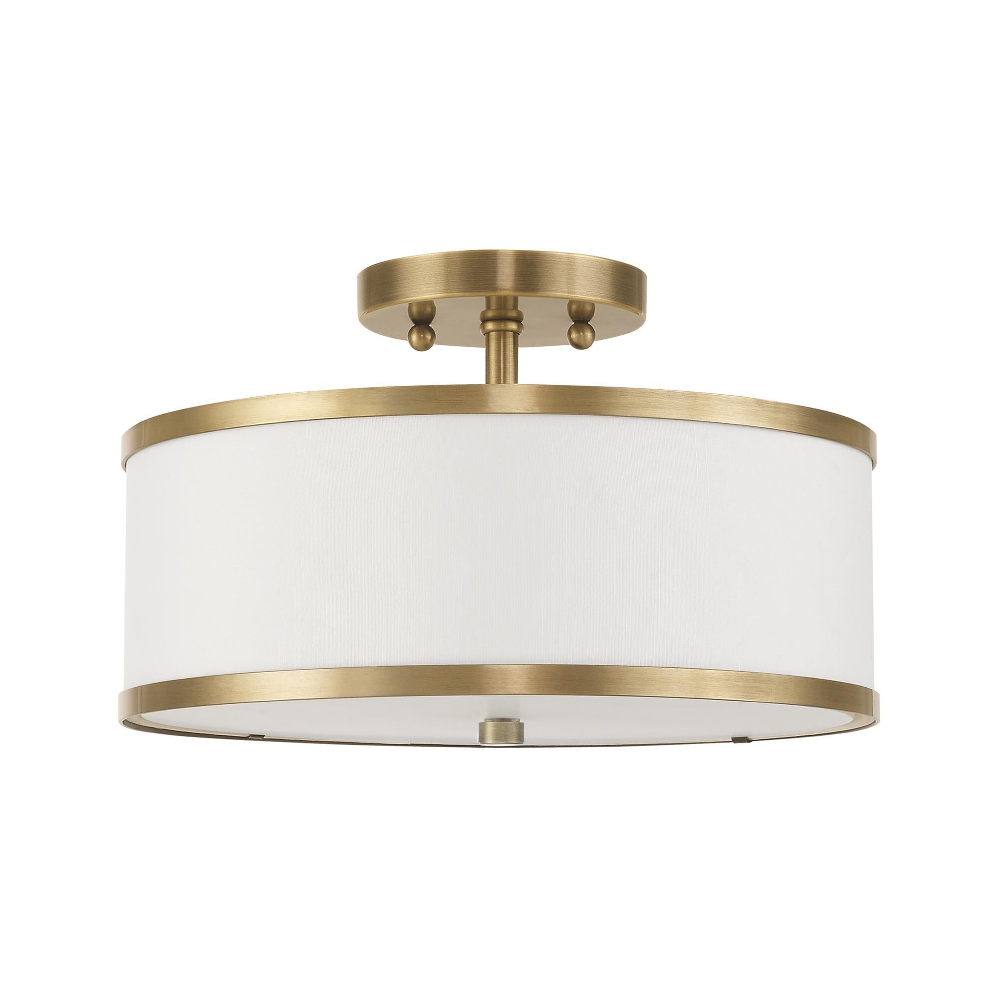 Shown in Antique Brass finish and Hand Crafted Off-White Fabric Hardback shade