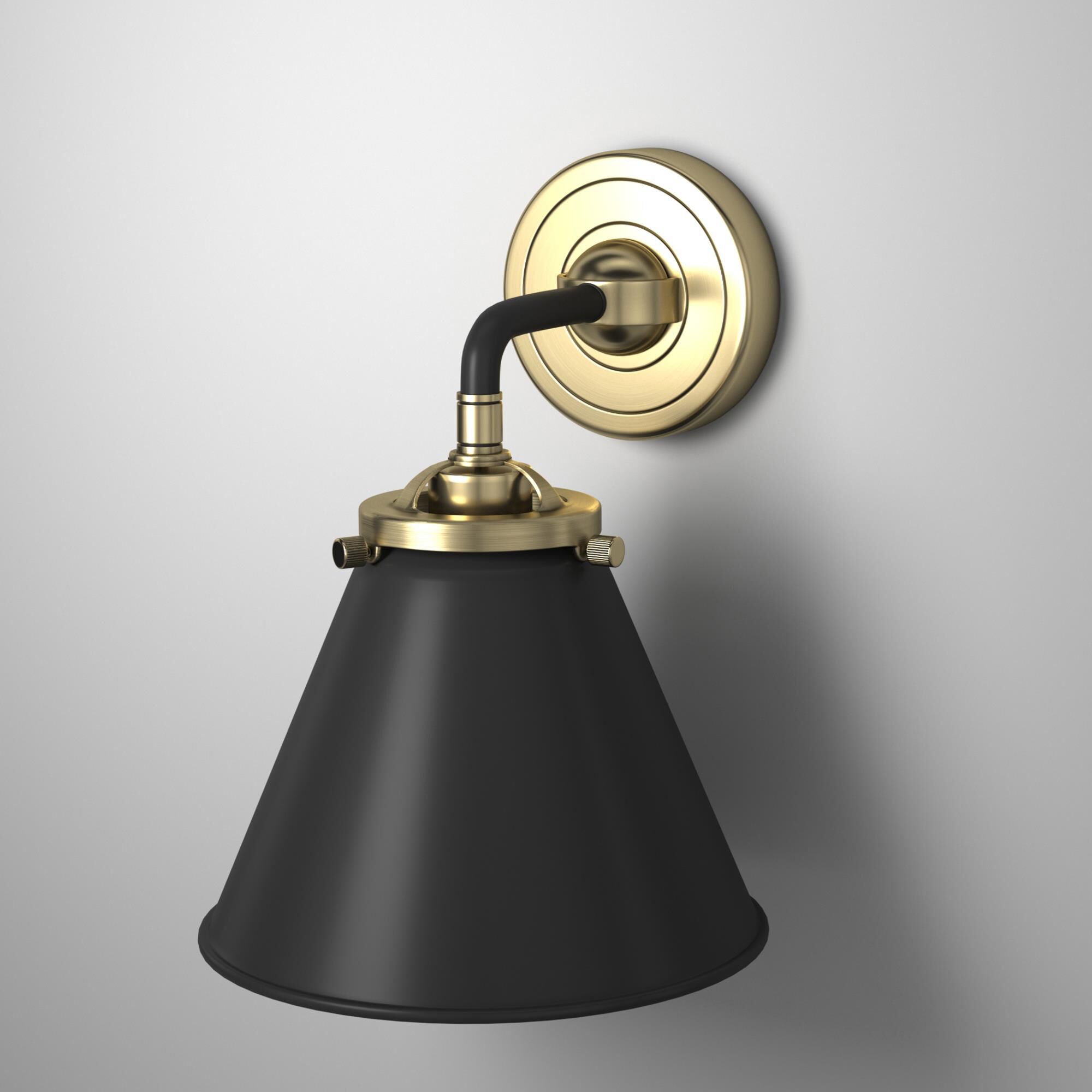 Shown in Black Antique Brass finish and Metal - Matte Black shade
