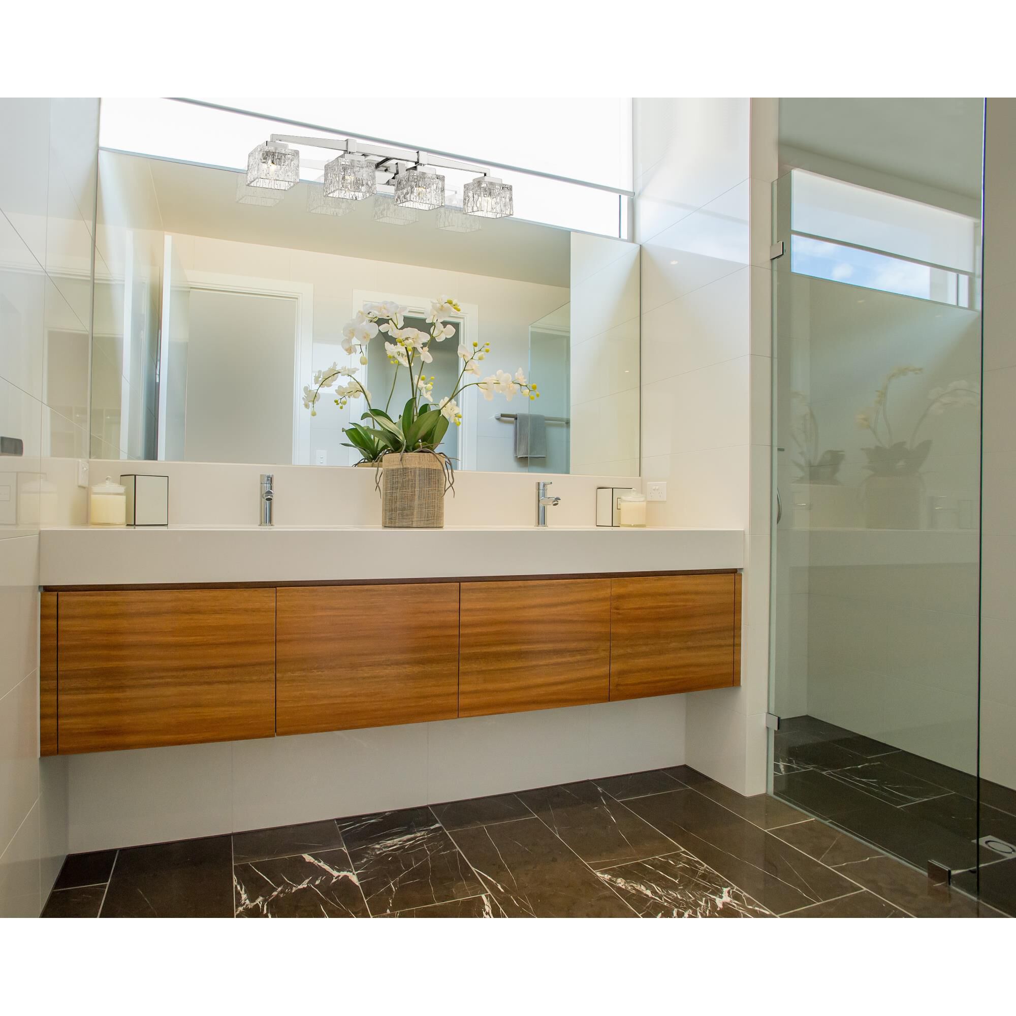 Shown in Chrome finish and Glass shade