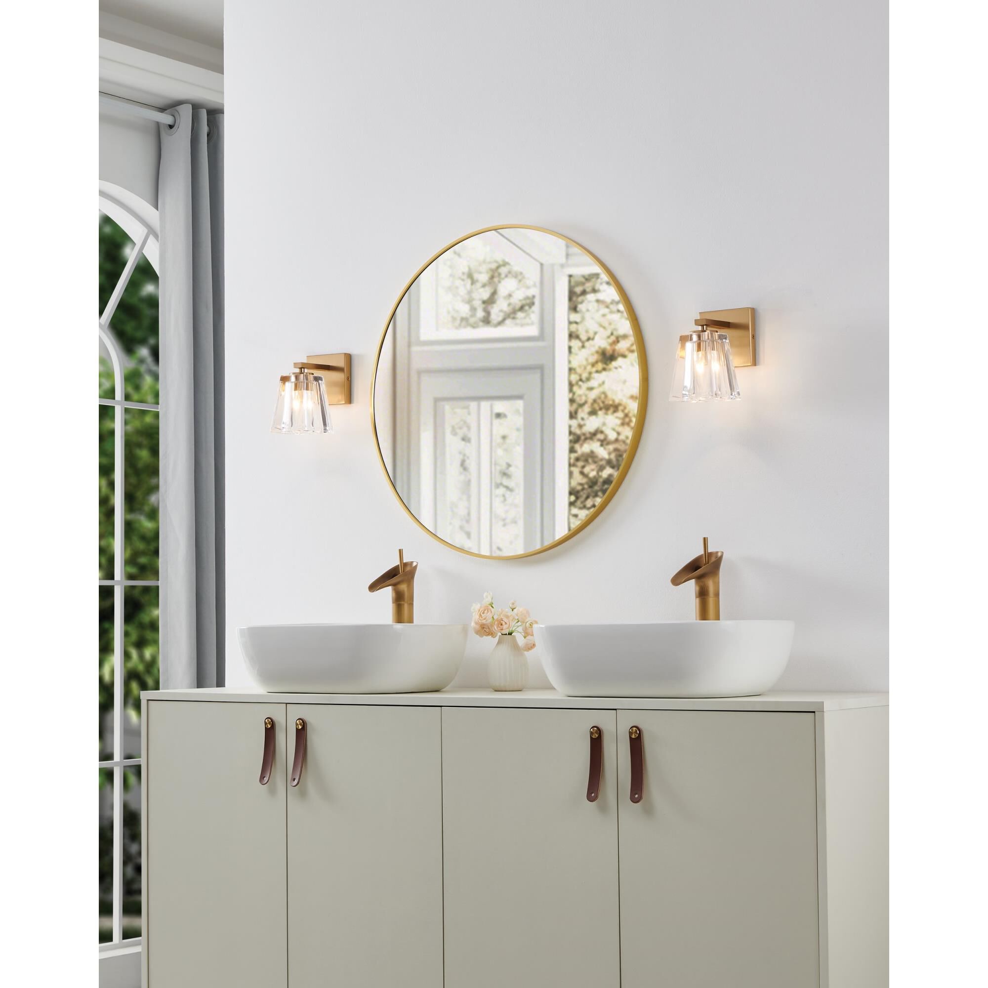 Shown in Champagne Gold finish and Clear Pressed glass