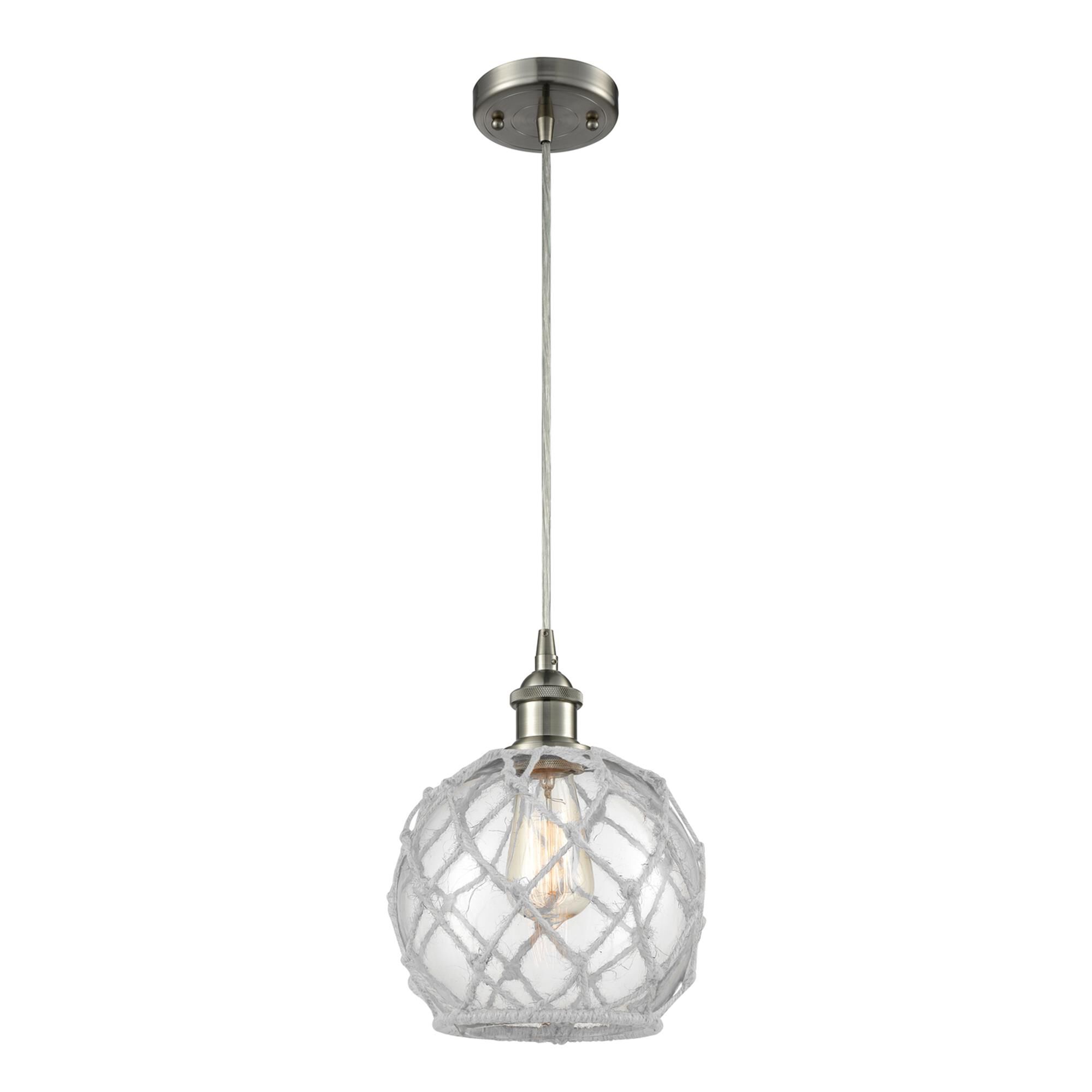 Shown in Brushed Satin Nickel finish and Clear With White Rope glass