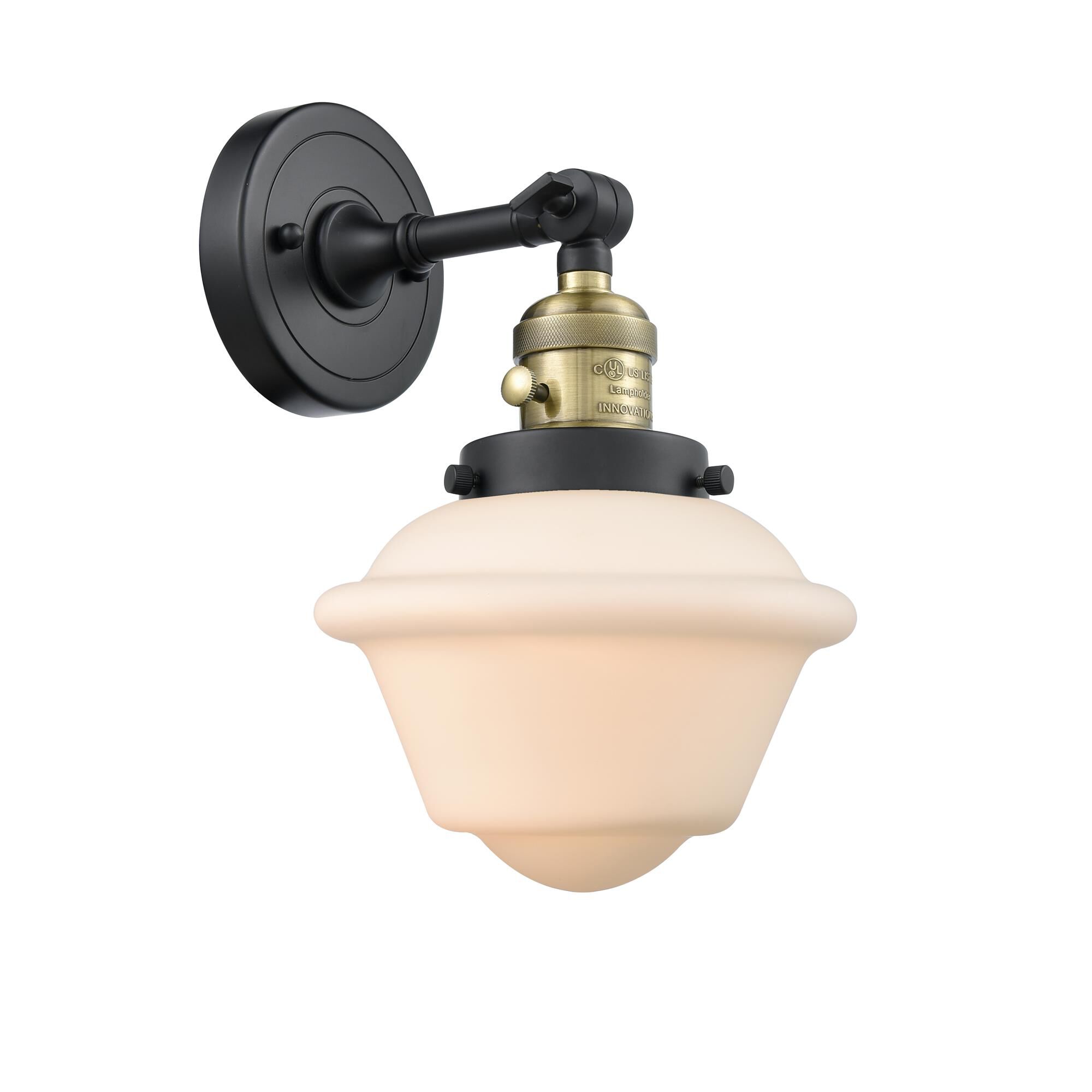 Shown in Black Antique Brass finish and Matte White Cased glass and Switch on Socket accent