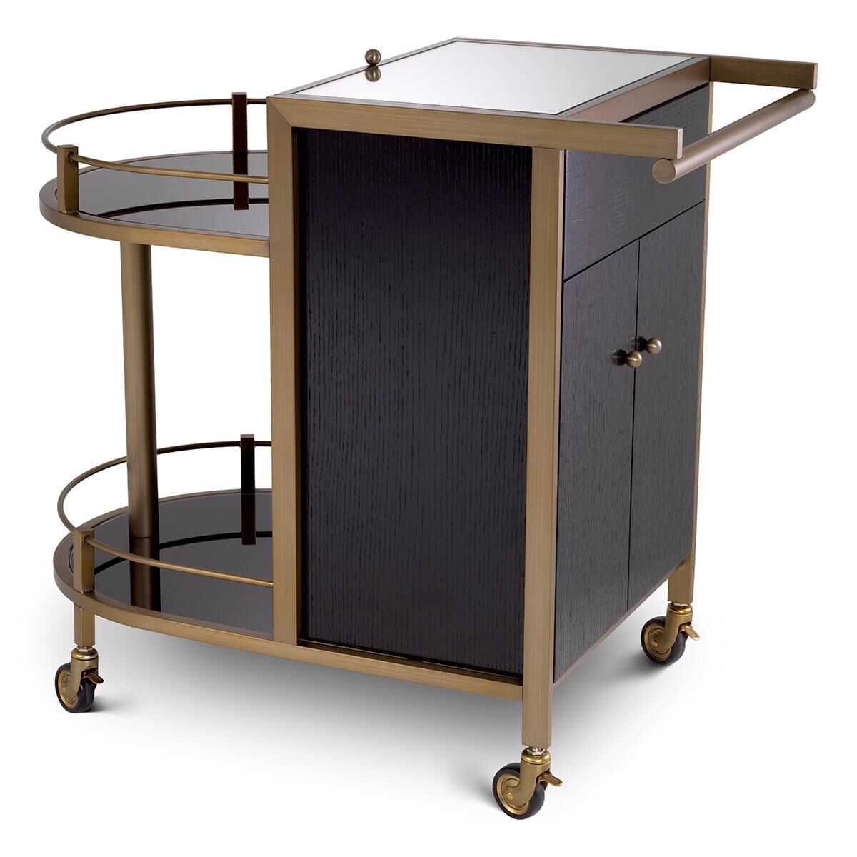 Shown in Brushed Brass, Black Oak Veneer, Mirror Glass finish