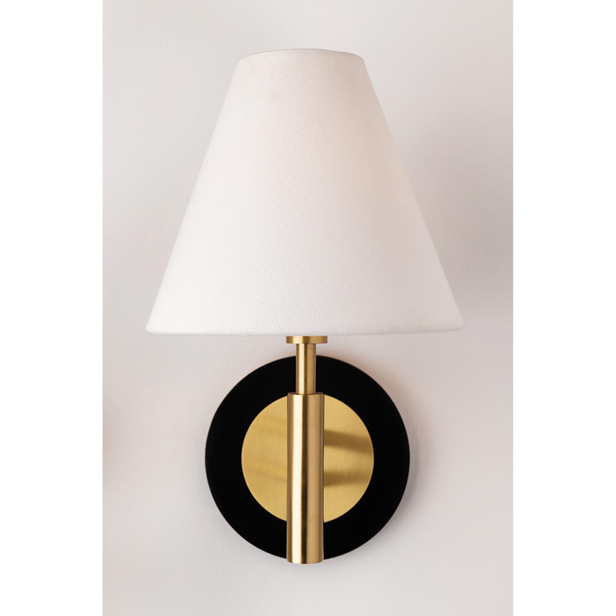 Shown in Aged Brass-Black finish and Off White shade