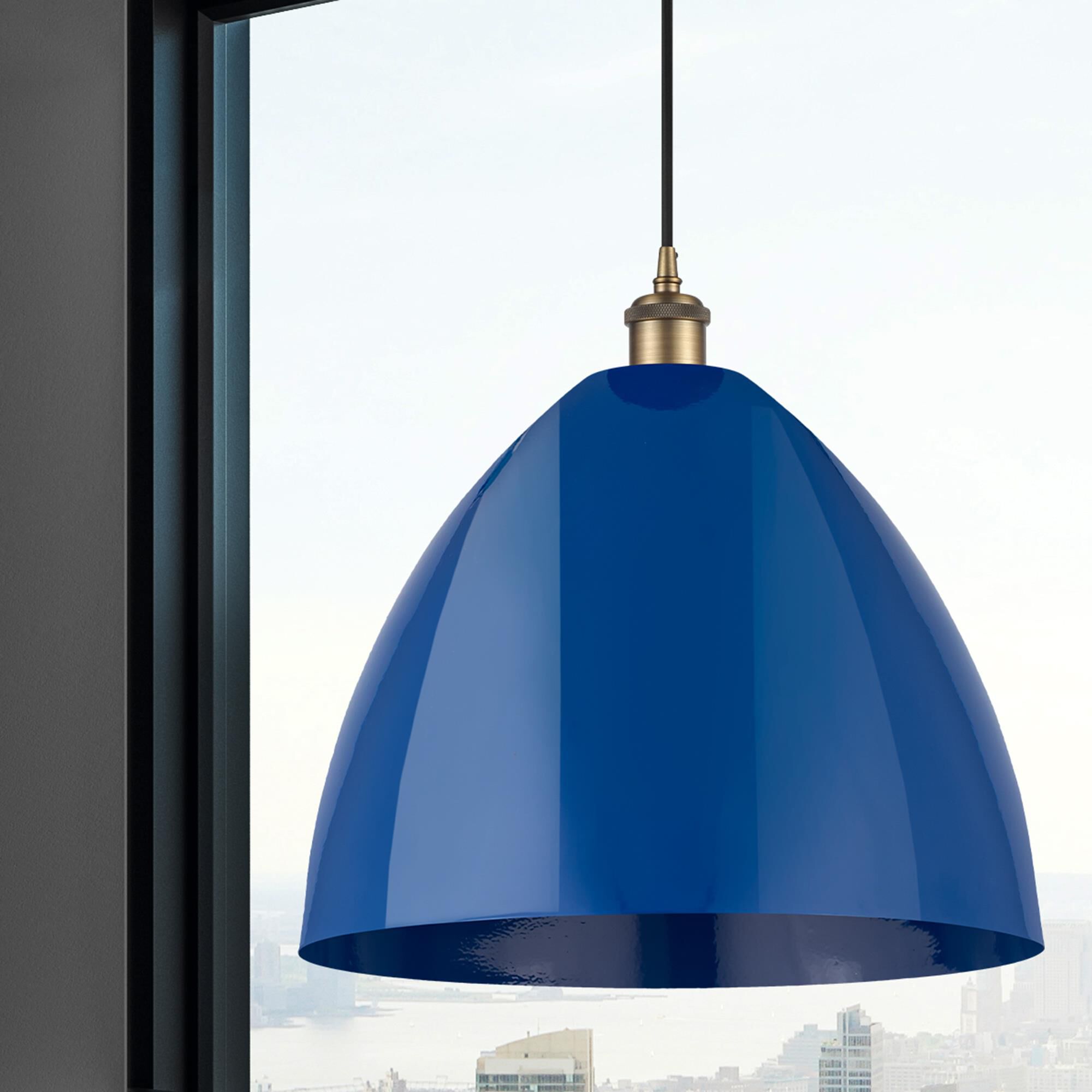 Shown in Brushed Brass finish and Blue Plymouth Dome shade