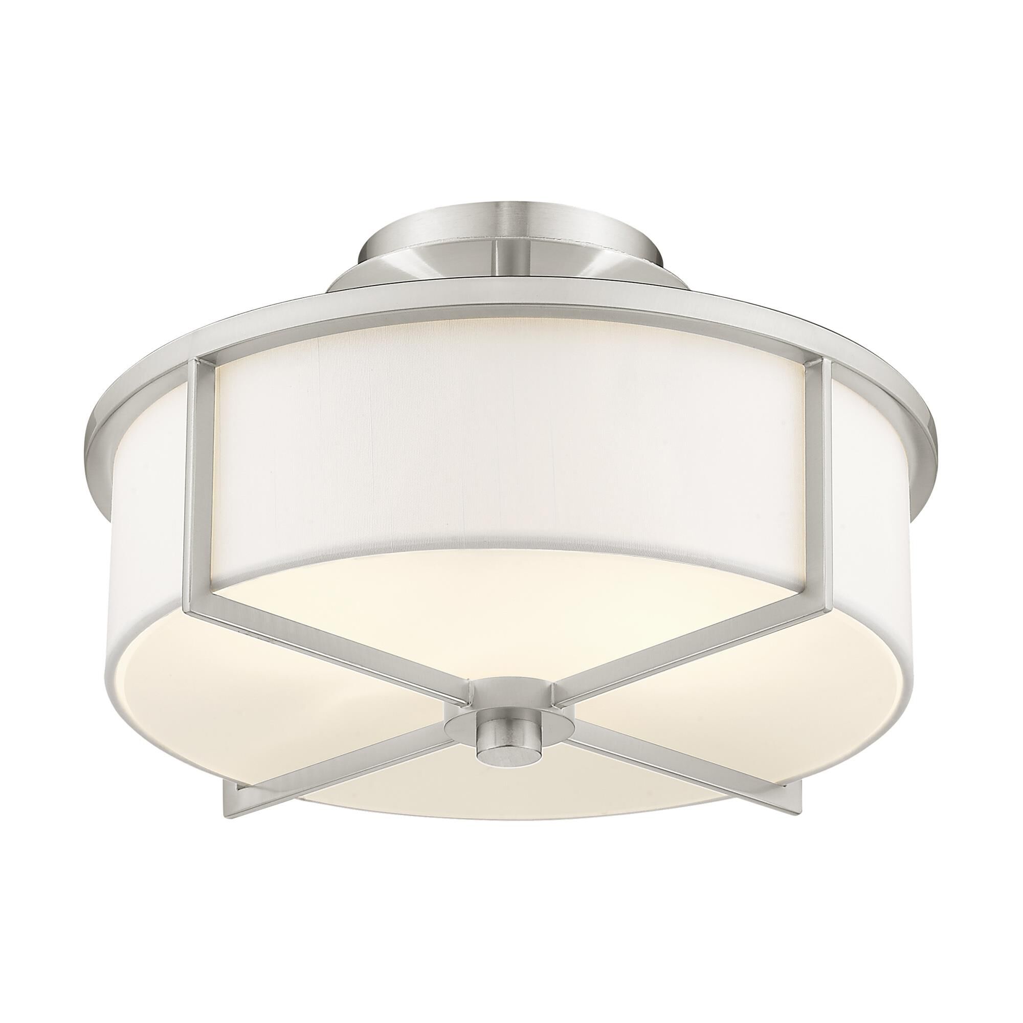 Shown in Brushed Nickel finish and Hand Crafted Off-White Fabric Hardback shade