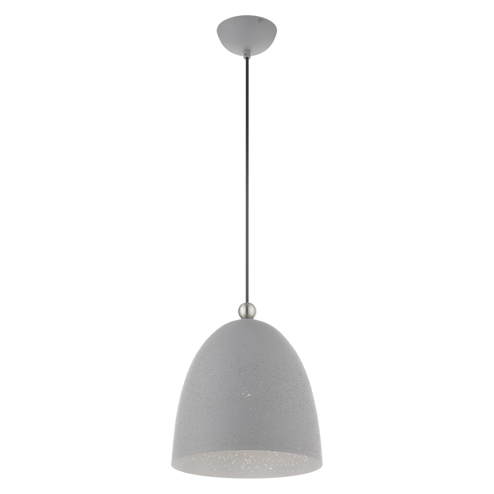 Shown in Nordic Gray With Brushed Nickel Accents finish and Nordic Gray Ornamental Metal Shade With White Finish Inside glass and Nordic Gray Ornamental Metal  With White Finish Inside shade