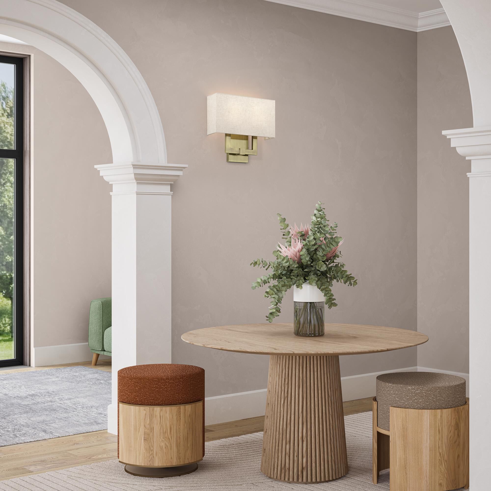 Shown in Antique Brass finish and Hand Crafted Oatmeal Color Fabric with White Color Inside shade