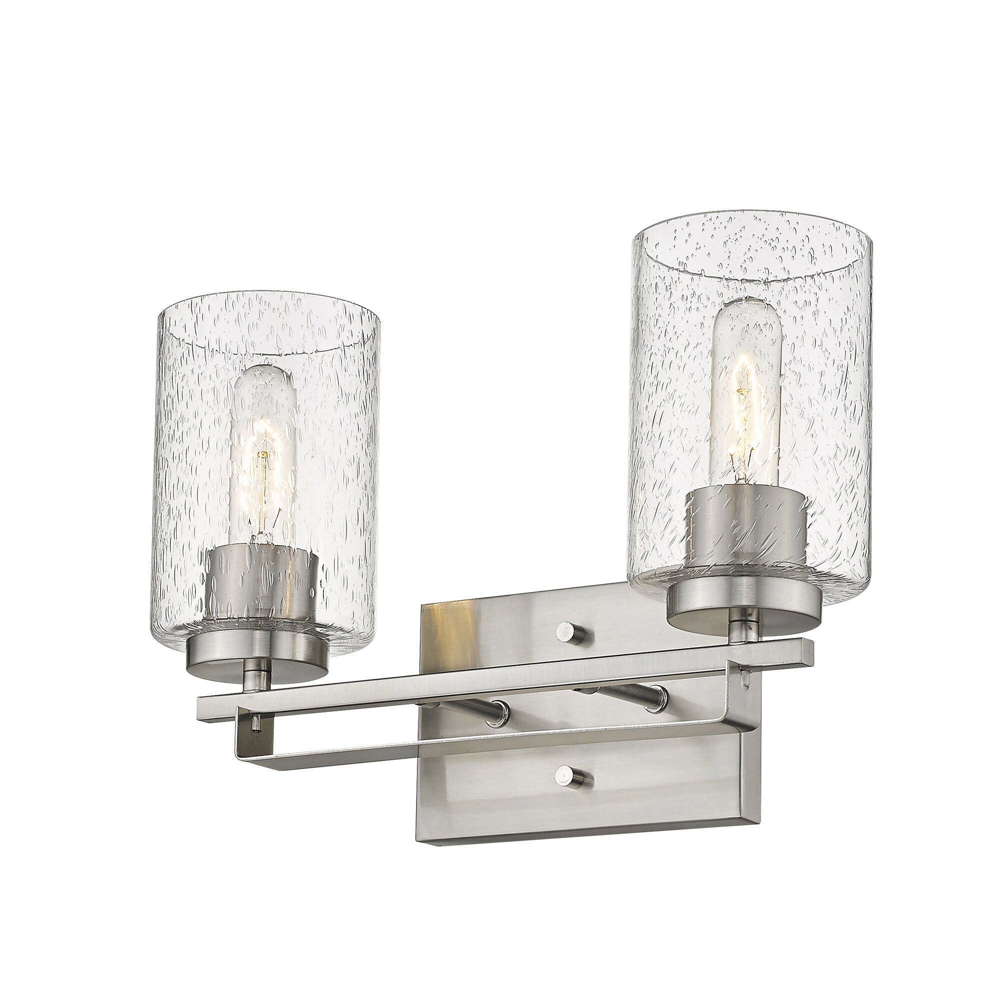 Shown in Satin Nickel finish and Clear glass and Clear, Seeded Cylindrical Glass s shade