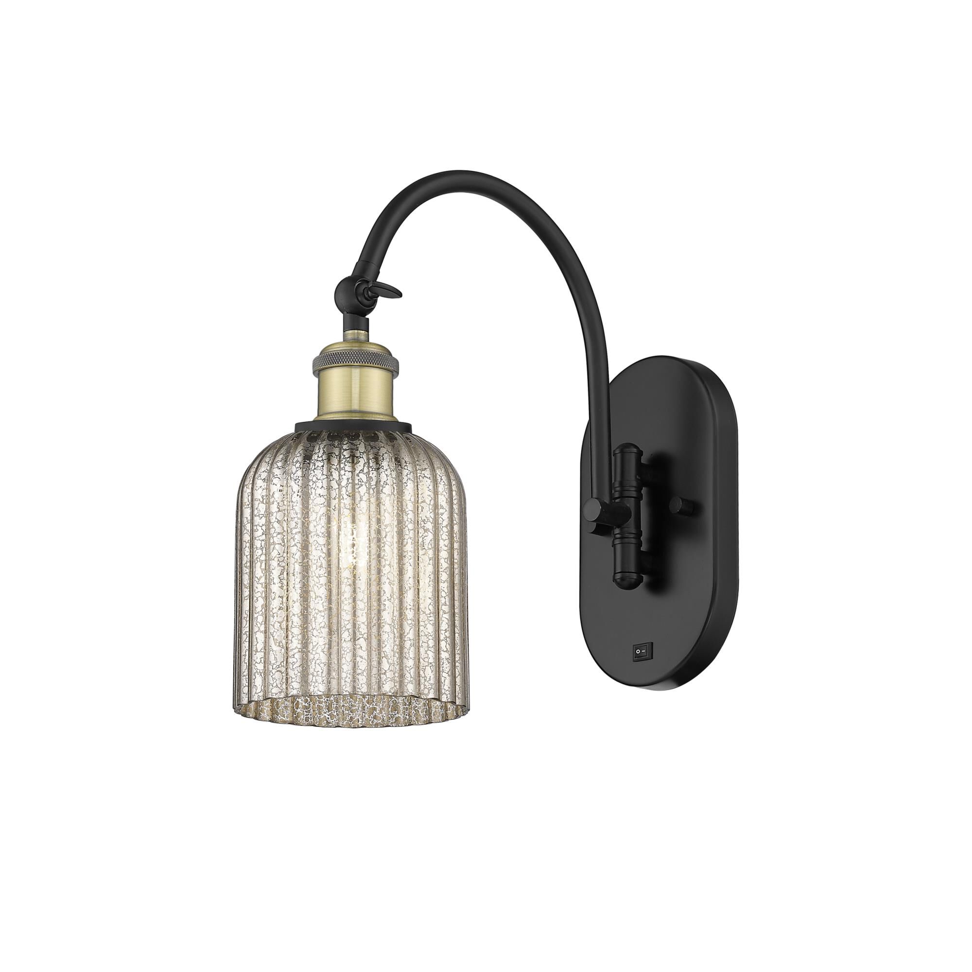 Shown in Black Antique Brass finish and Mercury shade