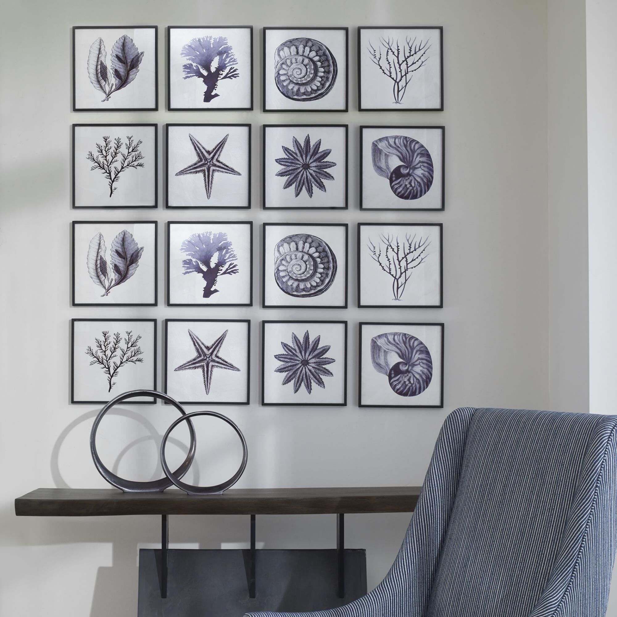 Shown in Clean Coastal Artwork, Black And White Story, Simple Black Frame, Black Coastal Shells Back Painted  finish