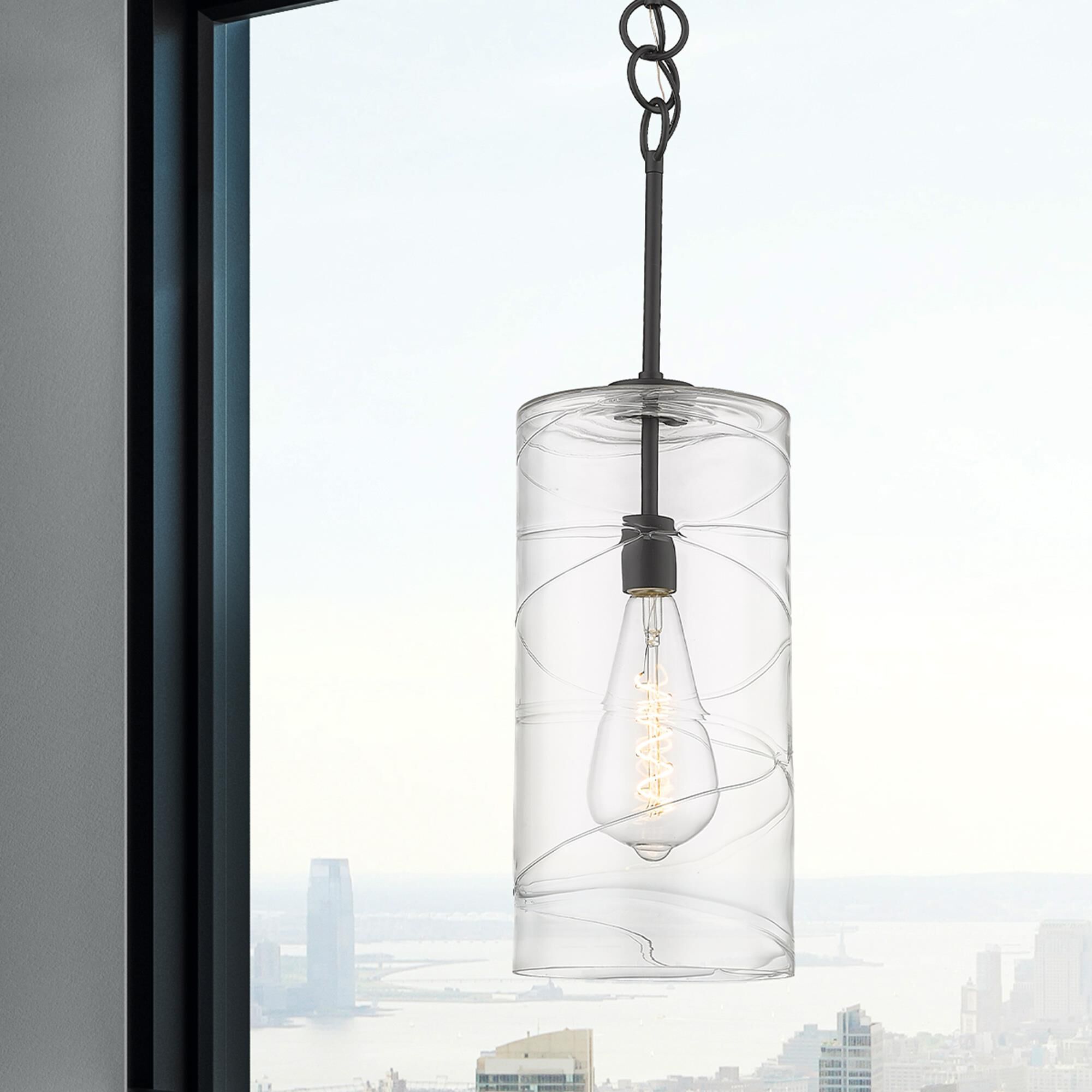 Shown in Matte Black  finish and Clear Deco Swirl glass