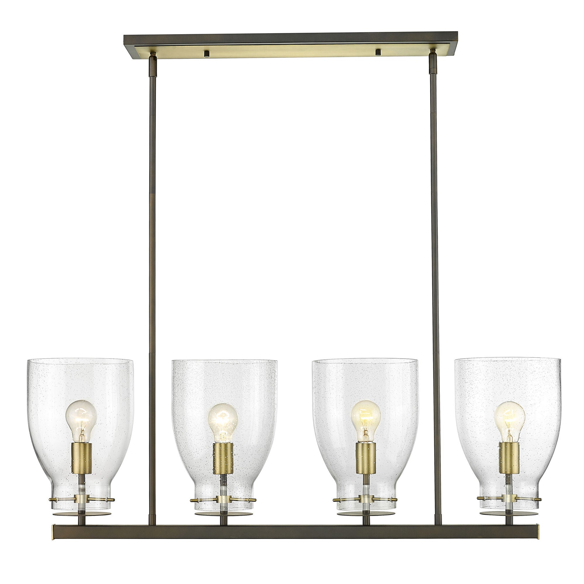 Shown in Oil Rubbed Bronze And Antique Brass finish and Clear Seedy Glass shade