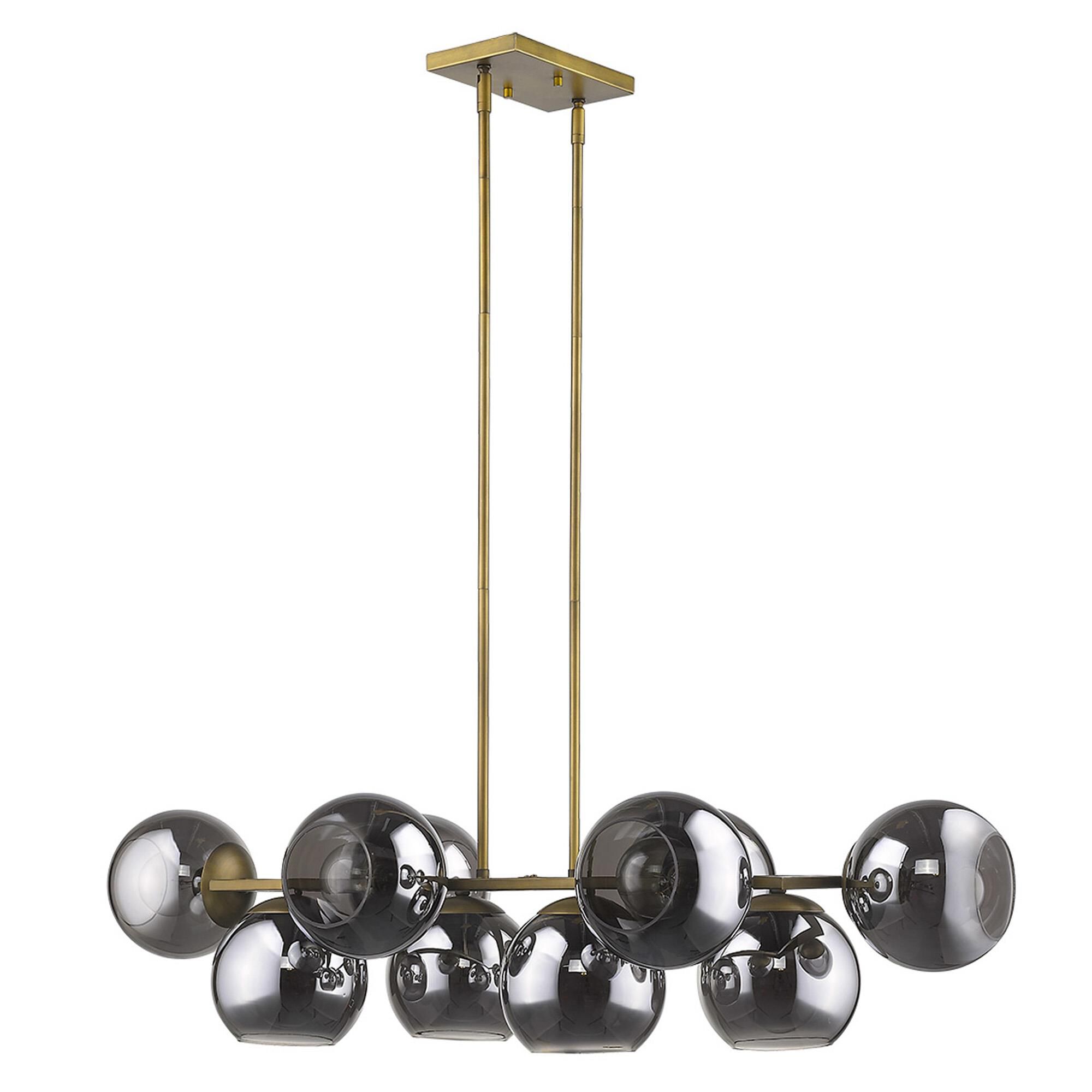 Shown in Aged Brass finish and Smoke glass and Smoke Glass Globes shade