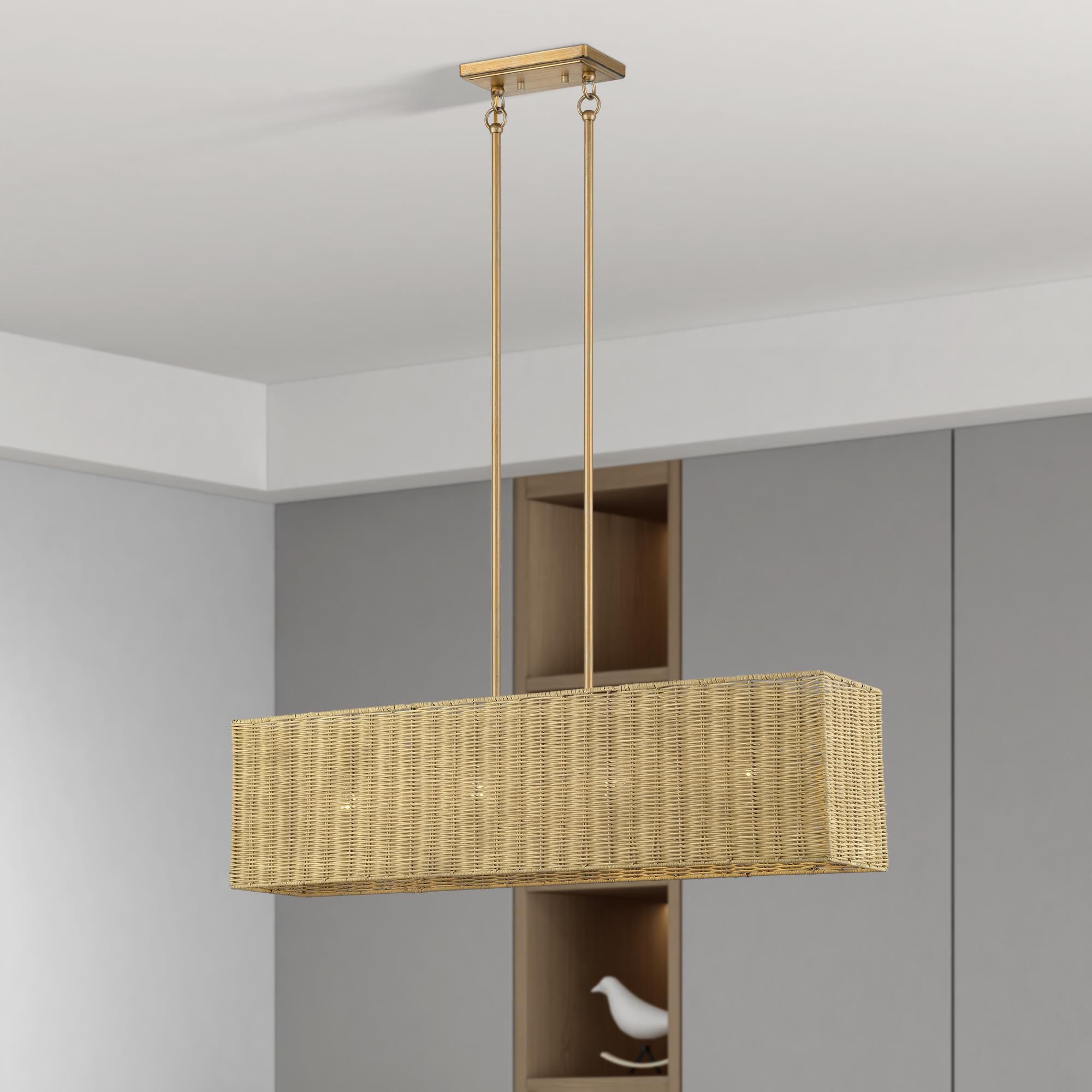 Shown in Antique Gold Leaf finish and Hand-Woven Rustic Walnut Color Rattan shade